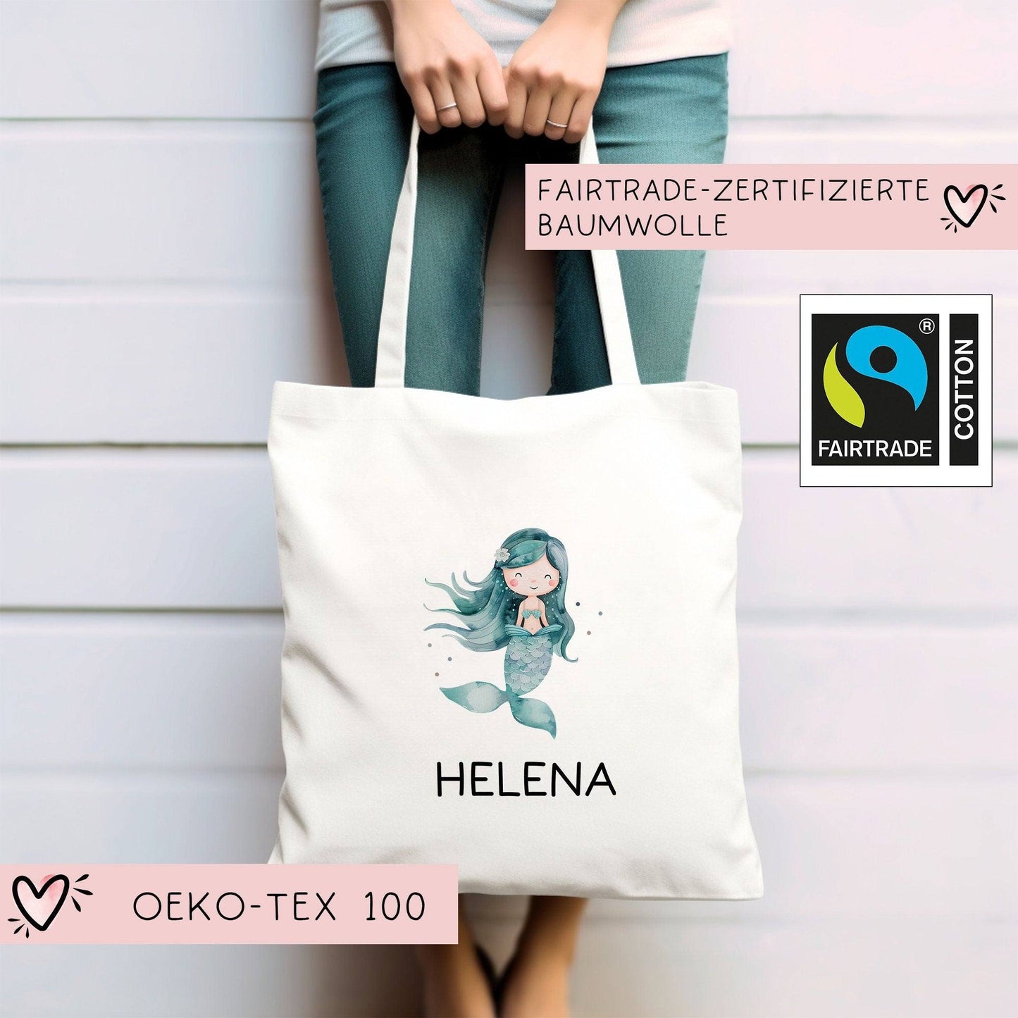 Stofftasche Meerjungfrau Personalisiert mit Wunschnamen Kinder-Beutel für Schule, Kindergarten, Wäschebeutel, Sportbeutel, Wechselwäsche kleinebuchstaben