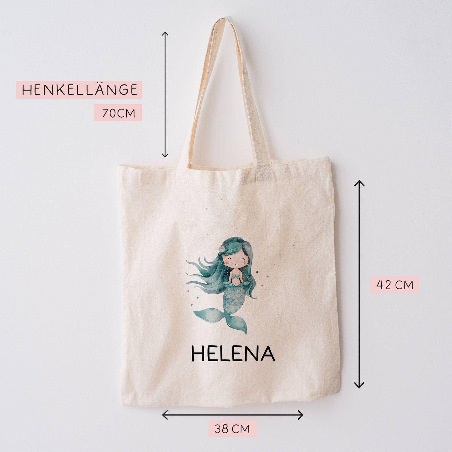 Stofftasche Meerjungfrau Personalisiert mit Wunschnamen Kinder-Beutel für Schule, Kindergarten, Wäschebeutel, Sportbeutel, Wechselwäsche kleinebuchstaben