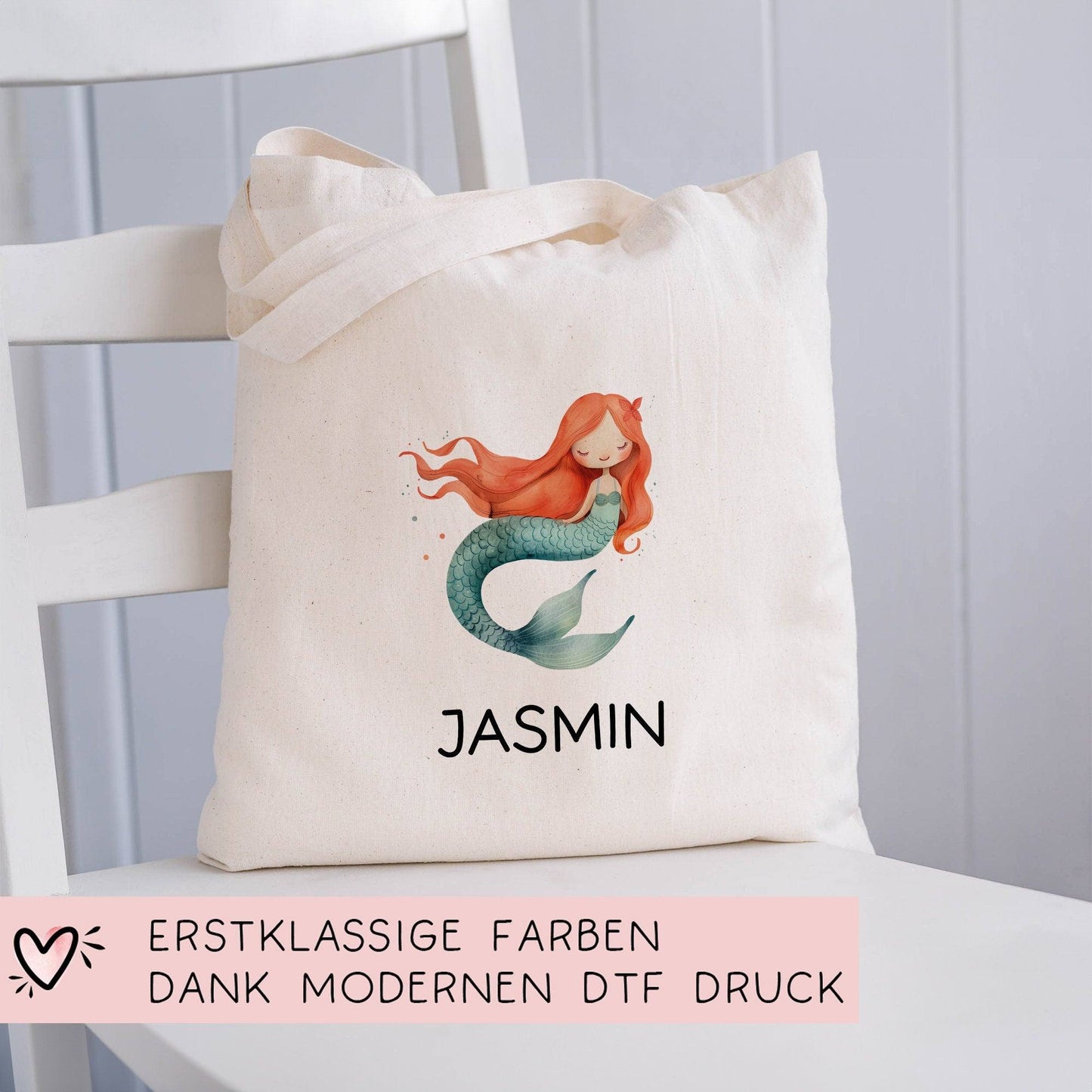 Meerjungfrau Stofftasche Personalisiert mit Wunschnamen Kinder-Beutel für Schule, Kindergarten, Wäschebeutel, Sportbeutel, Wechselwäsche kleinebuchstaben