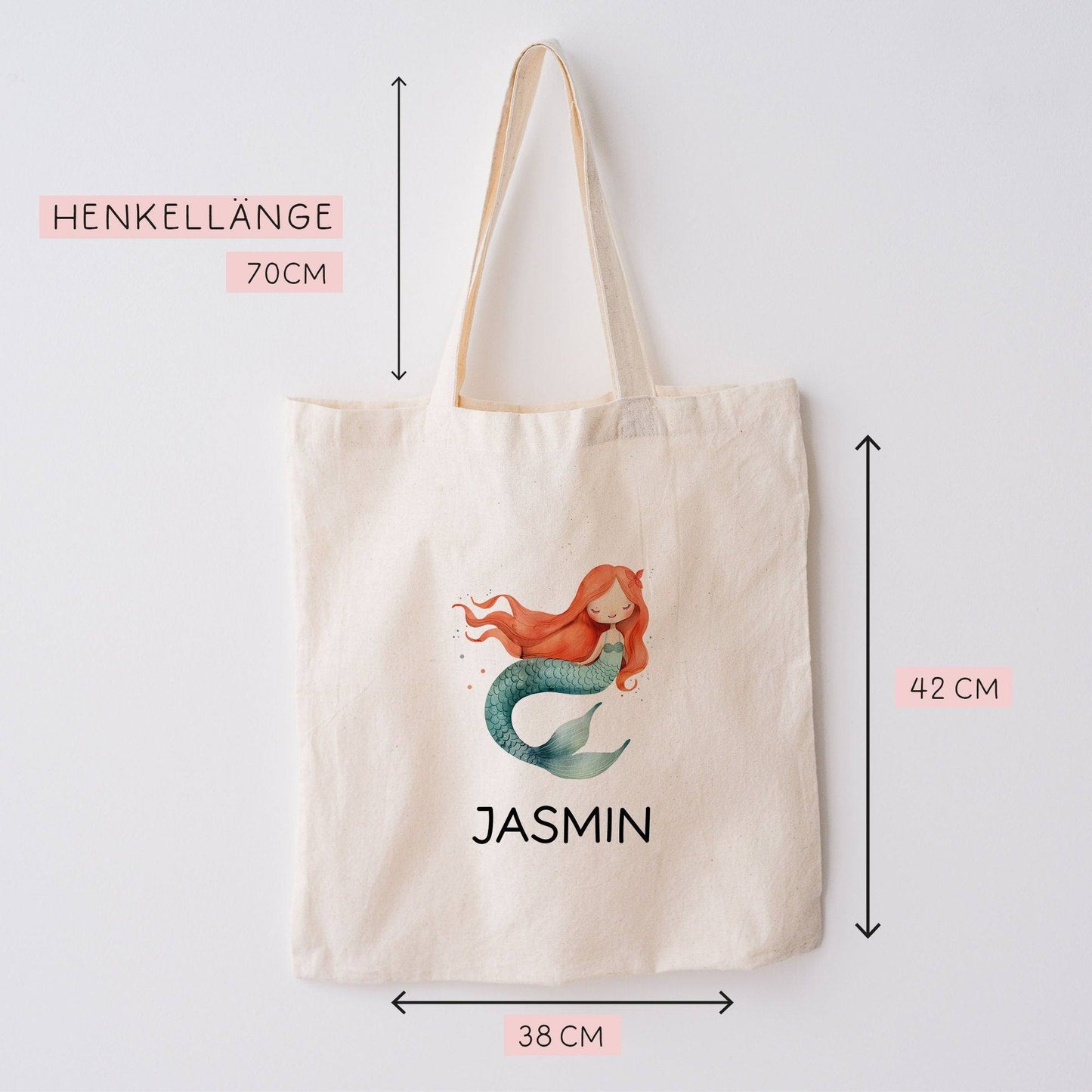 Meerjungfrau Stofftasche Personalisiert mit Wunschnamen Kinder-Beutel für Schule, Kindergarten, Wäschebeutel, Sportbeutel, Wechselwäsche kleinebuchstaben