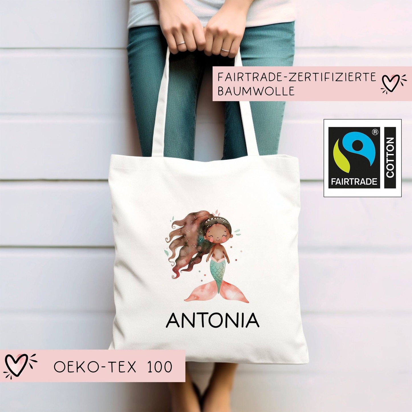 Kinder-Beutel Meerjungfrau Stofftasche Personalisiert mit Wunschnamen für Schule, Kindergarten, Wäschebeutel, Sportbeutel, Wechselwäsche kleinebuchstaben