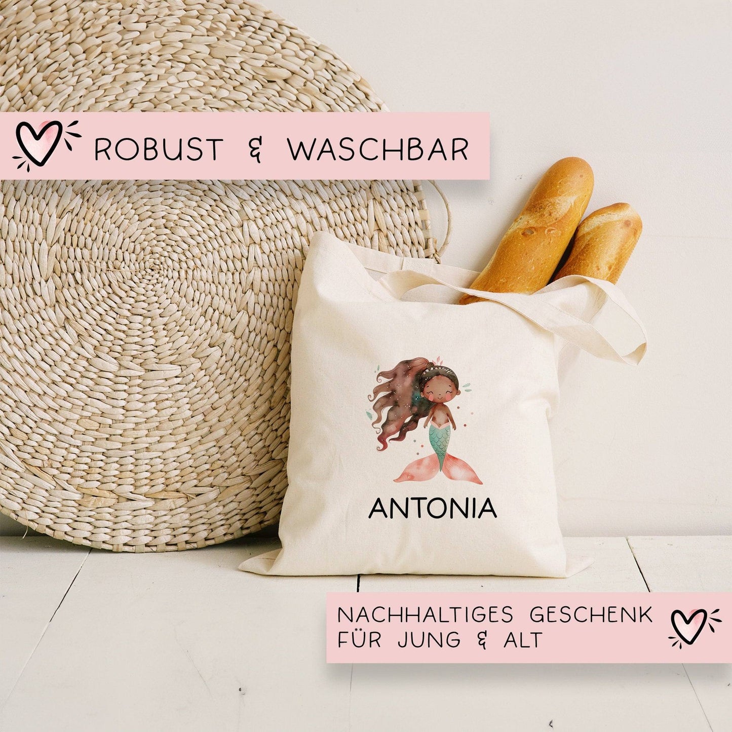 Kinder-Beutel Meerjungfrau Stofftasche Personalisiert mit Wunschnamen für Schule, Kindergarten, Wäschebeutel, Sportbeutel, Wechselwäsche kleinebuchstaben