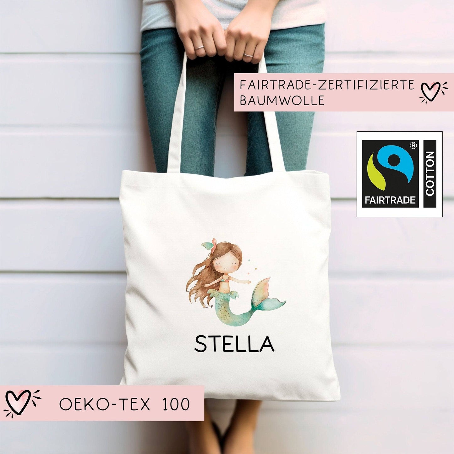 Kindergarten Einschulung Meerjungfrau Kinder-Beutel Stofftasche Personalisiert mit Wunschnamen für Schule, Wäschebeutel, Wechselwäsche kleinebuchstaben