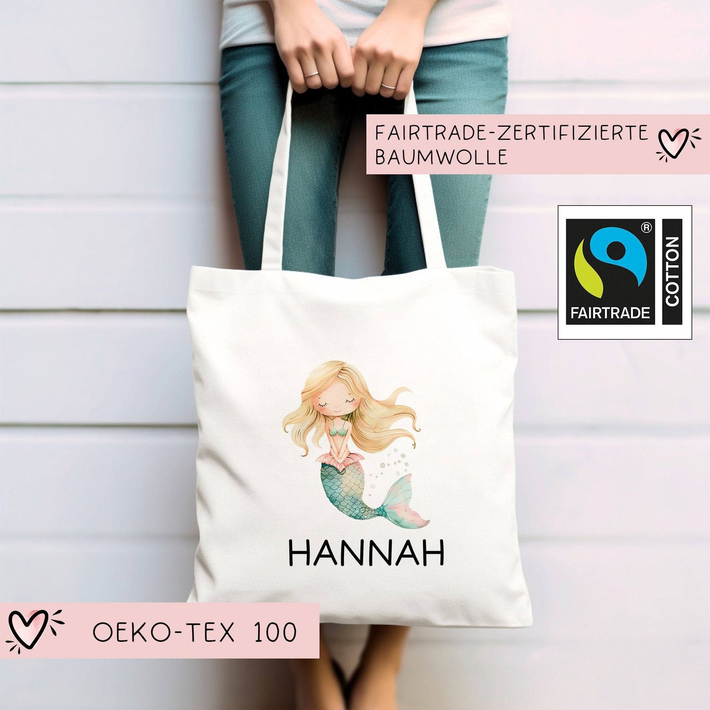 Personalisiert Meerjungfrau Einschulung Stofftasche Kindergarten Wäschebeutel Kinder-Beutel mit Wunschnamen für Schule, Wechselwäsche kleinebuchstaben