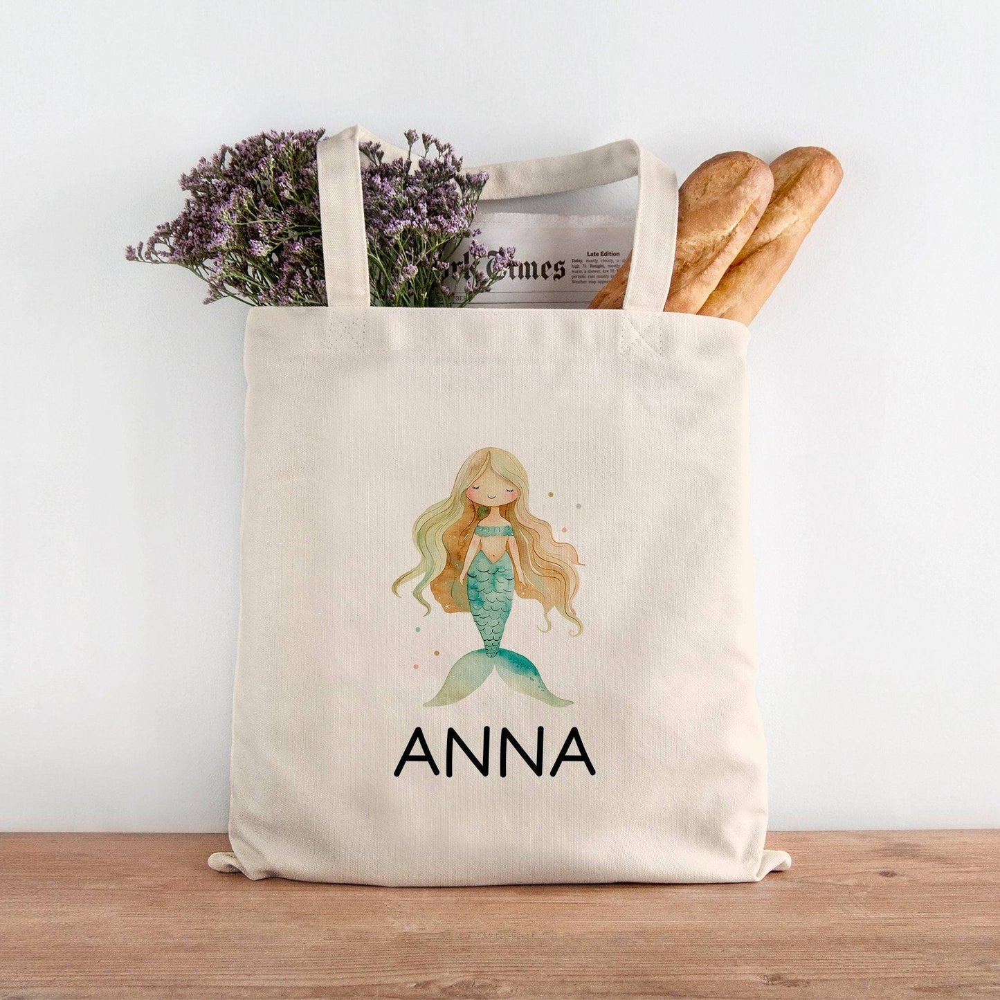 Einschulung Stofftasche Personalisiert Meerjungfrau Kindergarten Wäschebeutel Kinder-Beutel mit Wunschnamen für Schule, Wechselwäsche kleinebuchstaben