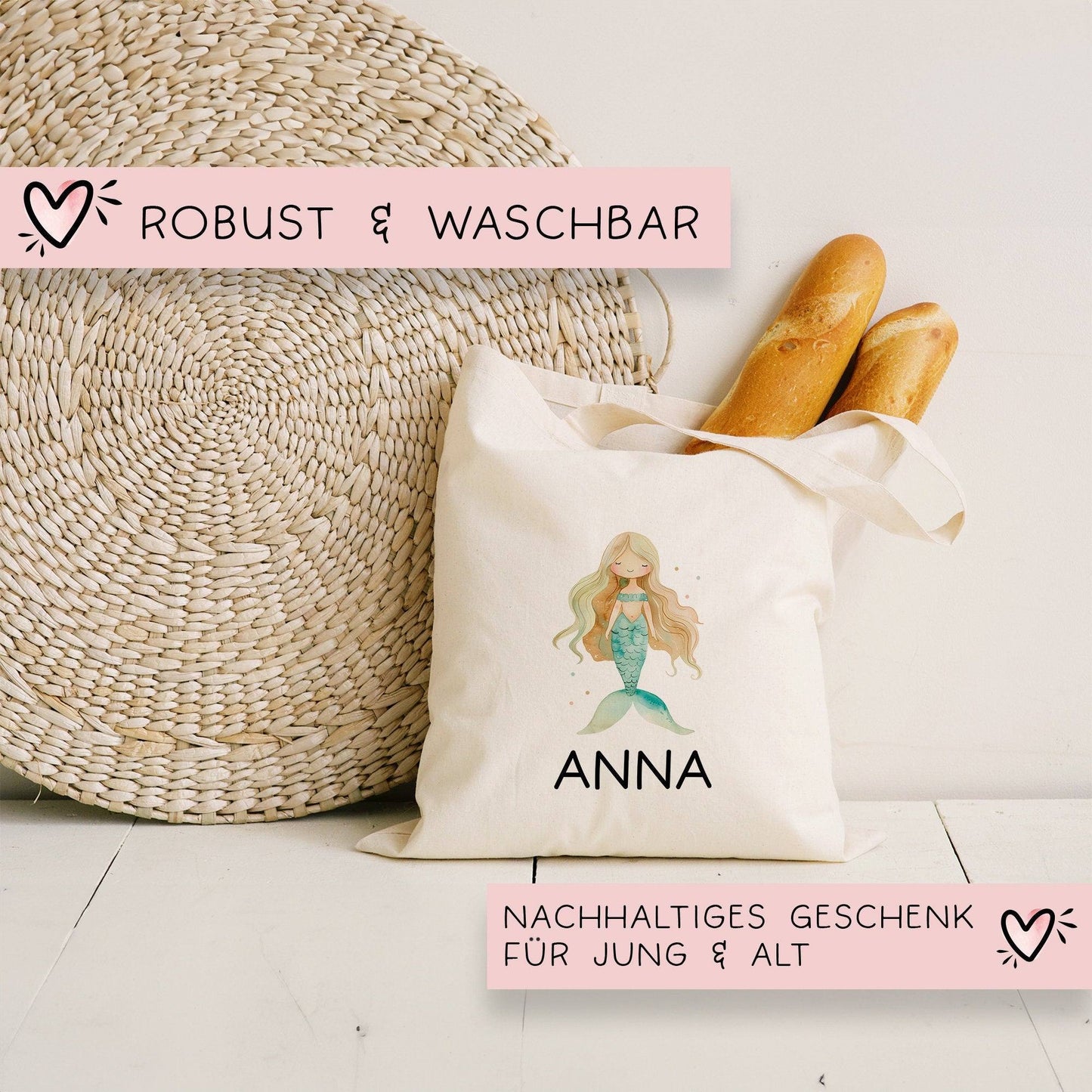 Einschulung Stofftasche Personalisiert Meerjungfrau Kindergarten Wäschebeutel Kinder-Beutel mit Wunschnamen für Schule, Wechselwäsche kleinebuchstaben