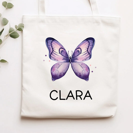 Schmetterling Lila Stofftasche Personalisiert und Namen. Für Schule und Kindergarten - Wäschebeutel Wechselwäsche Sport | Mädchen & Junge  kleinebuchstaben