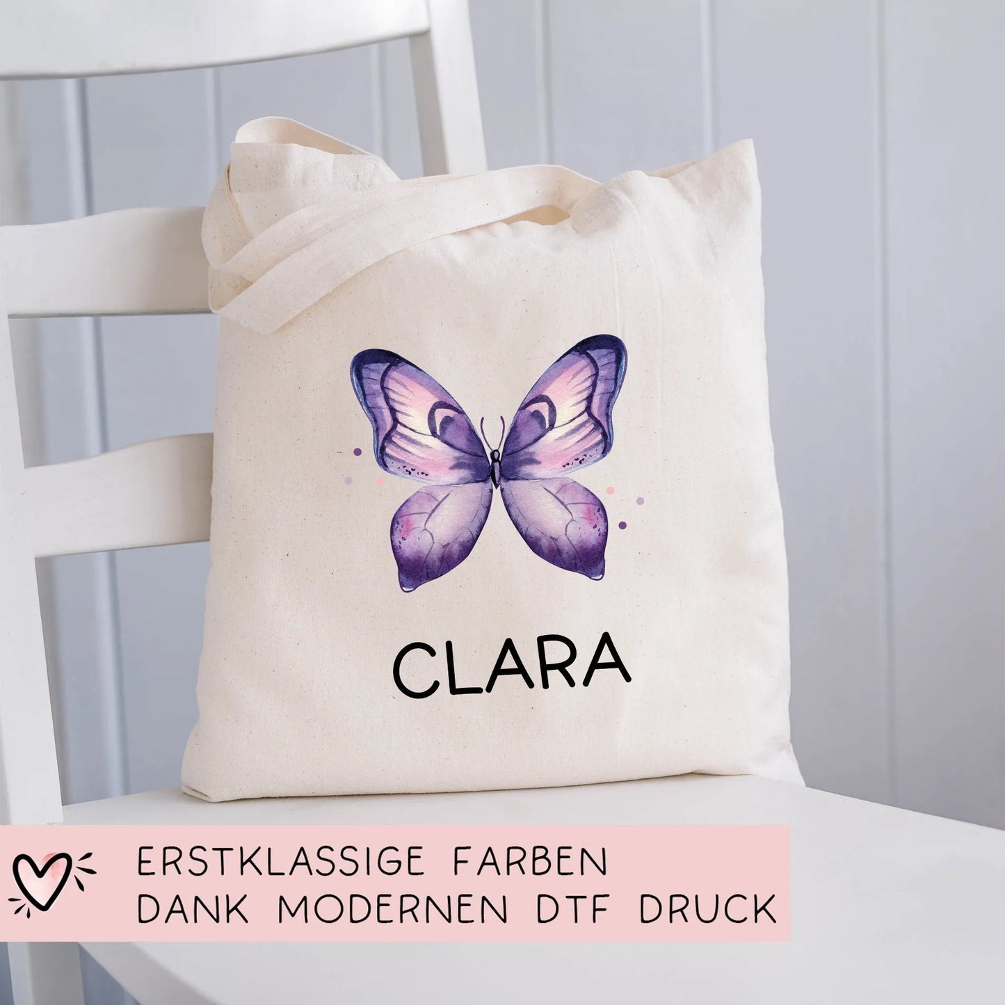 Schmetterling Lila Stofftasche Personalisiert und Namen. Für Schule und Kindergarten - Wäschebeutel Wechselwäsche Sport | Mädchen & Junge kleinebuchstaben