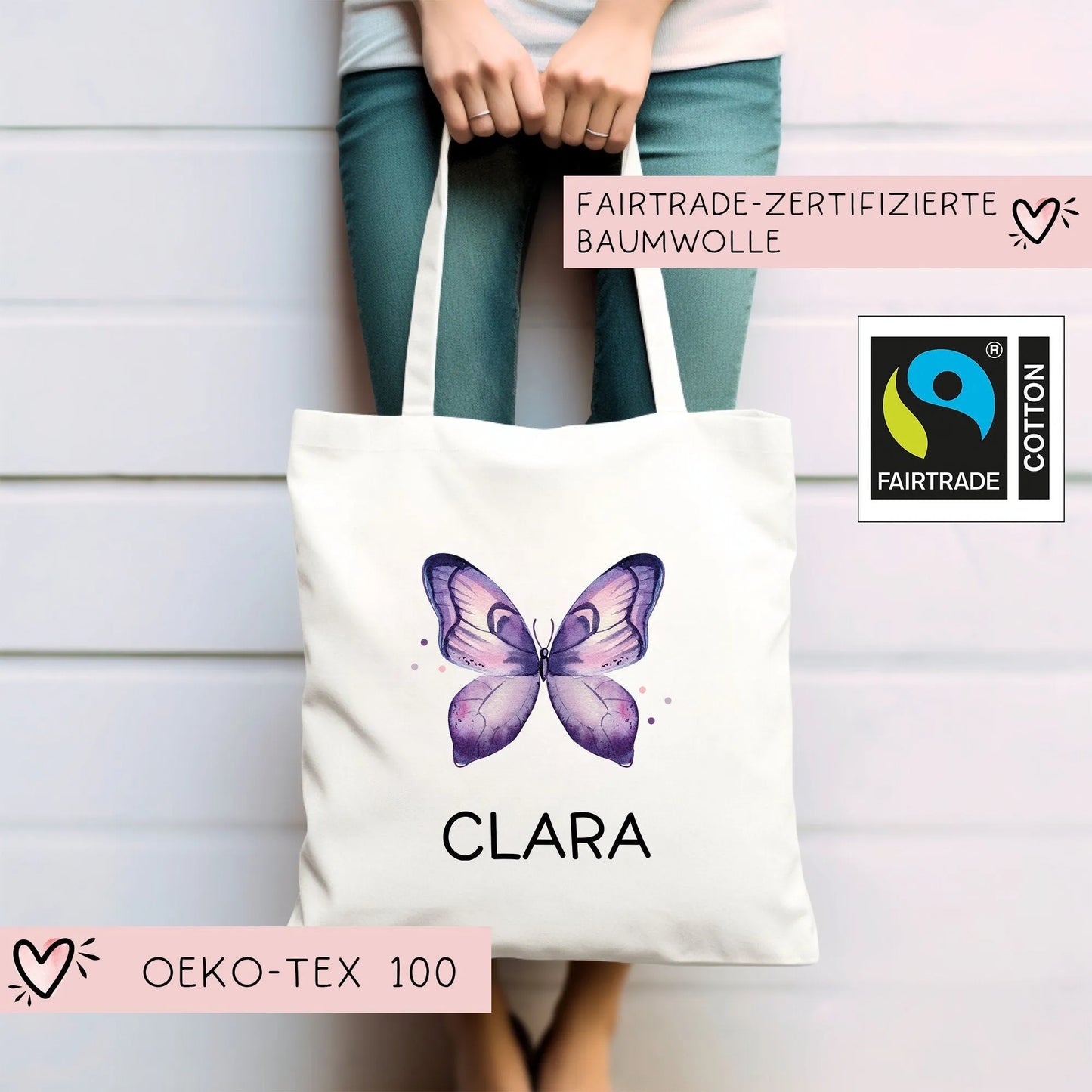 Schmetterling Lila Stofftasche Personalisiert und Namen. Für Schule und Kindergarten - Wäschebeutel Wechselwäsche Sport | Mädchen & Junge kleinebuchstaben