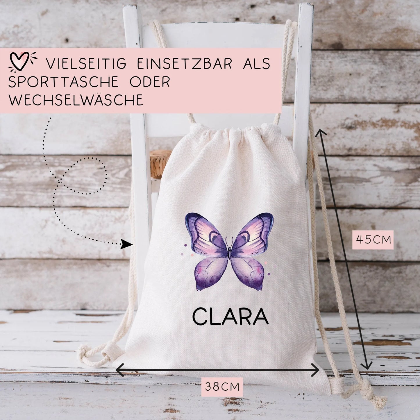 Schmetterling Lila Stofftasche Personalisiert und Namen. Für Schule und Kindergarten - Wäschebeutel Wechselwäsche Sport | Mädchen & Junge kleinebuchstaben