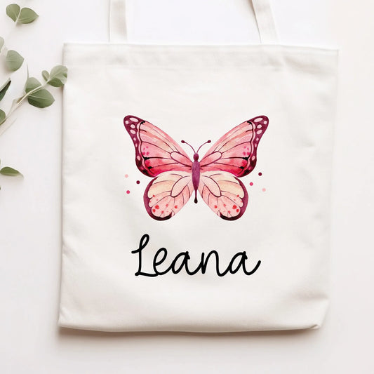Stofftasche Schmetterling Rosa Personalisiert und Namen. Für Kindergarten und Schule - Wäschebeutel Wechselwäsche KITA | Mädchen & Junge  kleinebuchstaben Stofftasche Schriftart 1