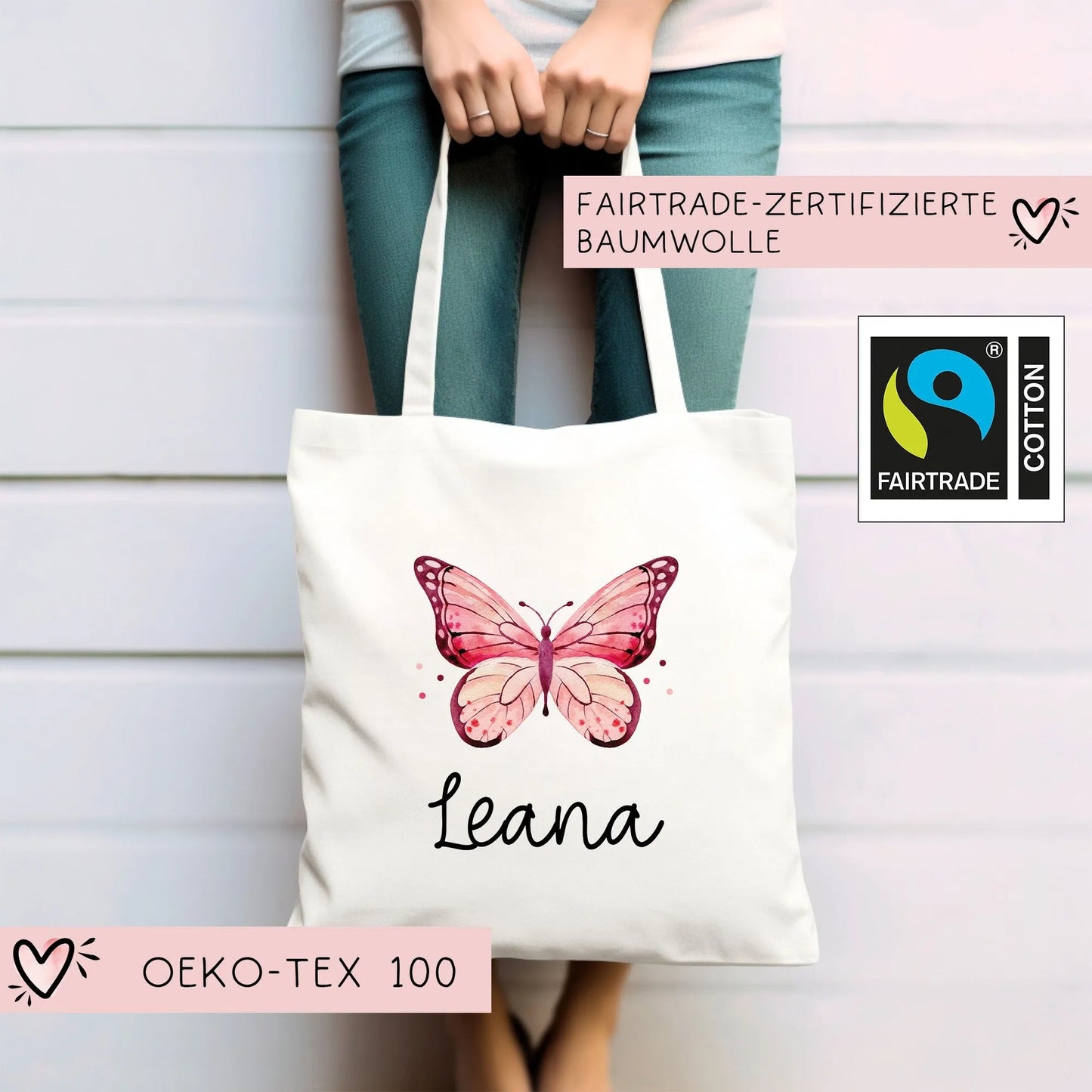 Stofftasche Schmetterling Rosa Personalisiert und Namen. Für Kindergarten und Schule - Wäschebeutel Wechselwäsche KITA | Mädchen & Junge kleinebuchstaben