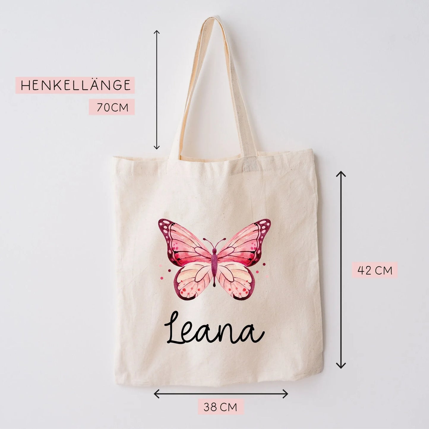 Stofftasche Schmetterling Rosa Personalisiert und Namen. Für Kindergarten und Schule - Wäschebeutel Wechselwäsche KITA | Mädchen & Junge kleinebuchstaben