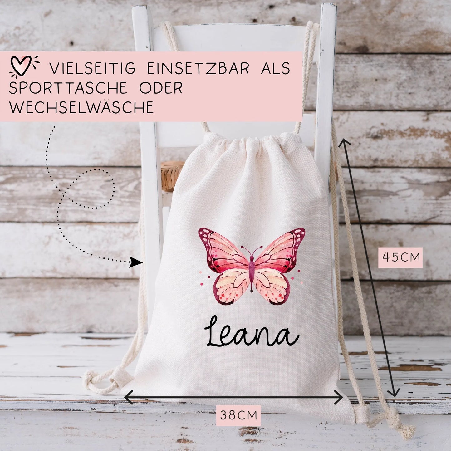 Stofftasche Schmetterling Rosa Personalisiert und Namen. Für Kindergarten und Schule - Wäschebeutel Wechselwäsche KITA | Mädchen & Junge kleinebuchstaben
