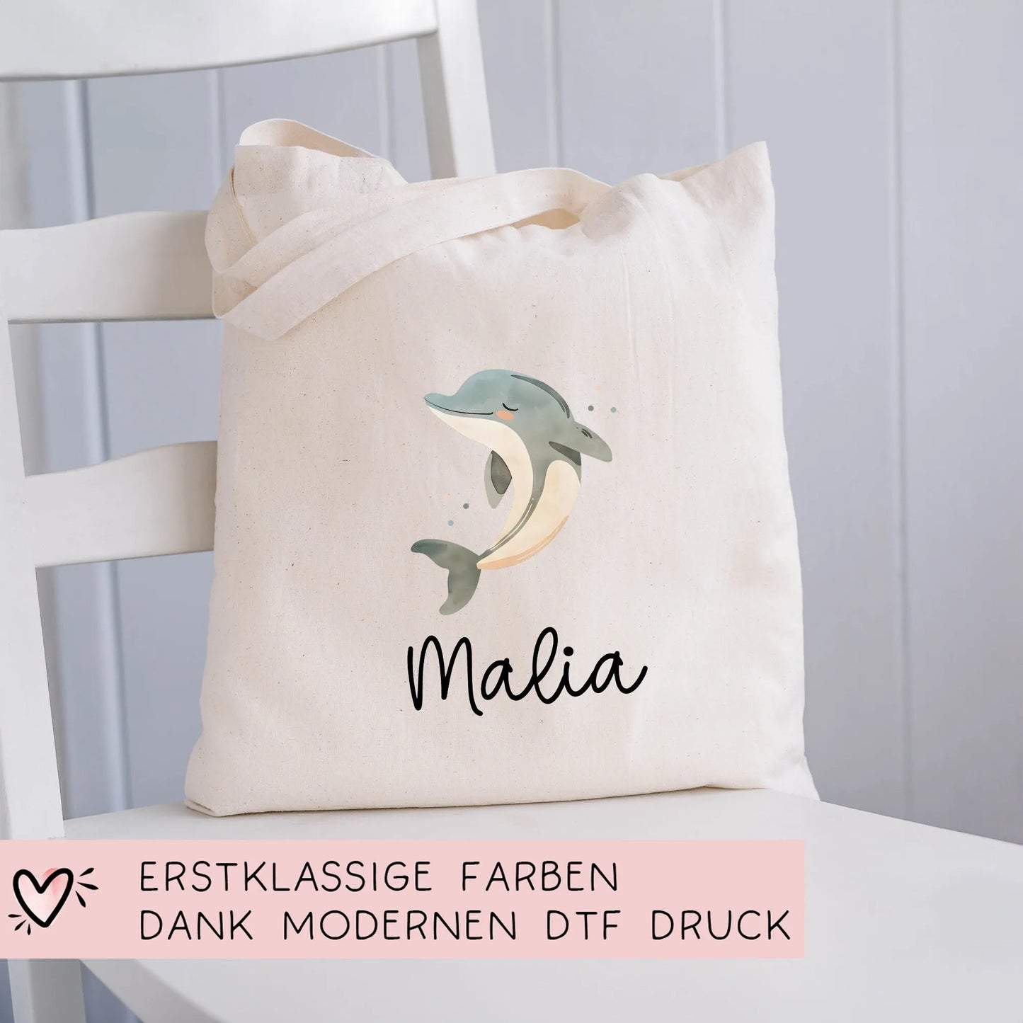 Stofftasche Delfin Delphin Personalisiert und Namen. Meer. Für Kindergarten und Schule - Wäschebeutel Wechselwäsche KITA | Mädchen & Junge kleinebuchstaben