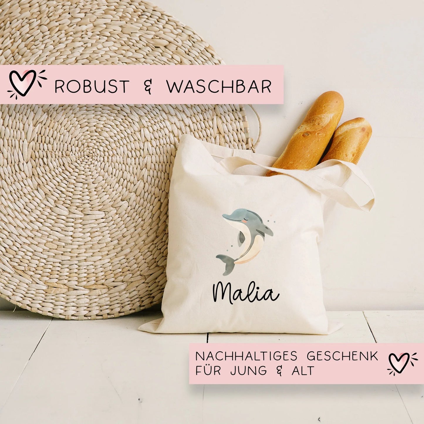 Stofftasche Delfin Delphin Personalisiert und Namen. Meer. Für Kindergarten und Schule - Wäschebeutel Wechselwäsche KITA | Mädchen & Junge kleinebuchstaben