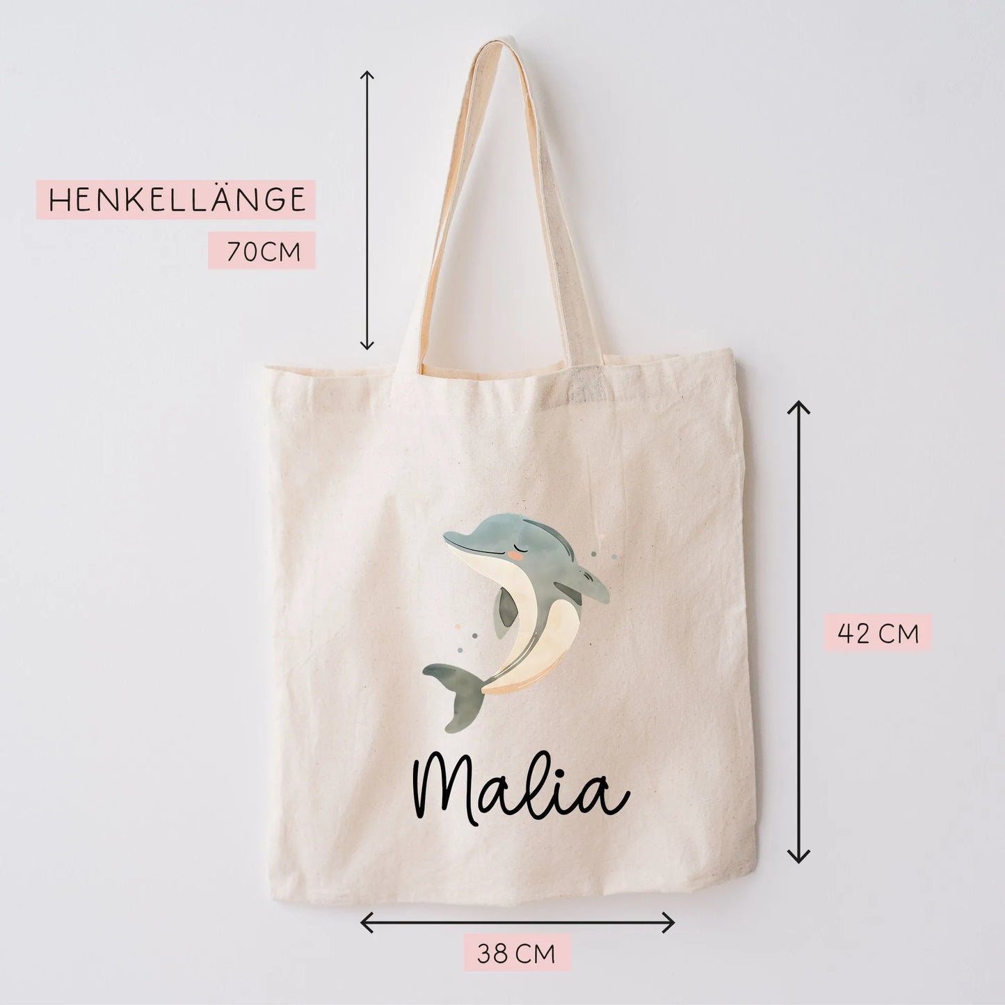 Stofftasche Delfin Delphin Personalisiert und Namen. Meer. Für Kindergarten und Schule - Wäschebeutel Wechselwäsche KITA | Mädchen & Junge kleinebuchstaben