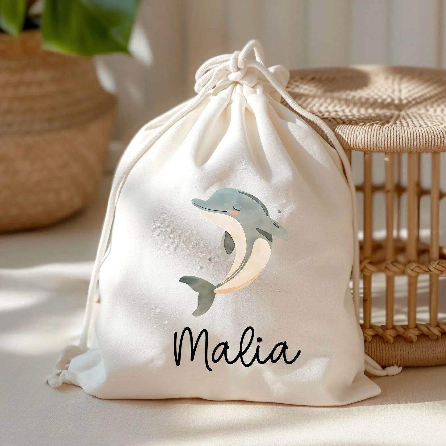 Stofftasche Delfin Delphin Personalisiert und Namen. Meer. Für Kindergarten und Schule - Wäschebeutel Wechselwäsche KITA | Mädchen & Junge kleinebuchstaben Turnbeutel Schriftart 1