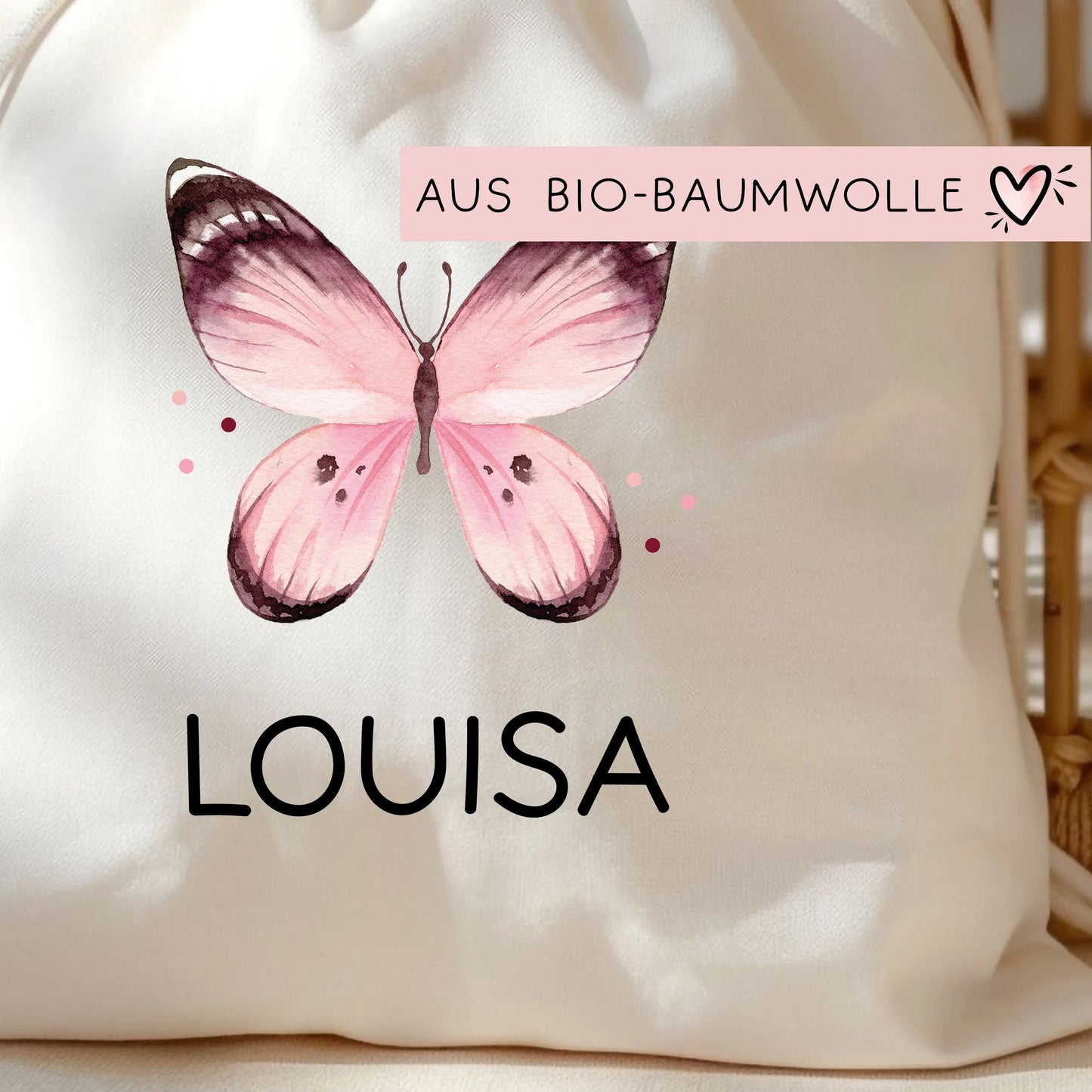 Schmetterling Kinder Turnbeutel Personalisiert | Rucksack mit Wunschnamen | Gymbag, Sportbeutel für Schule, Kindergarten, Trainingsbeutel kleinebuchstaben