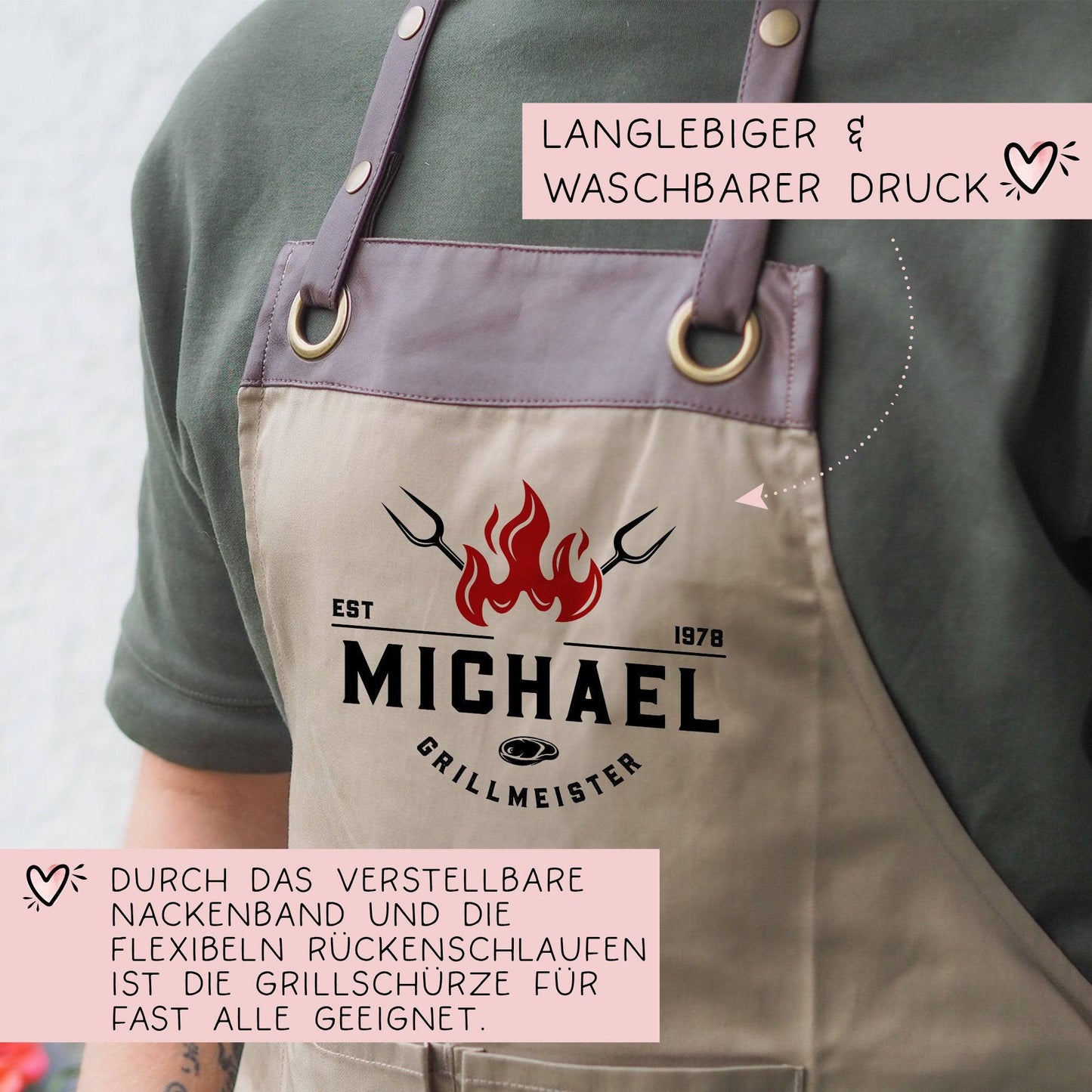 Personalisierte Premium Grillschürze Grillmeister Schürze mit Kunstleder Applikation | Kochschürze | Grillschürze mit Wunschnamen | Geschenk kleinebuchstaben