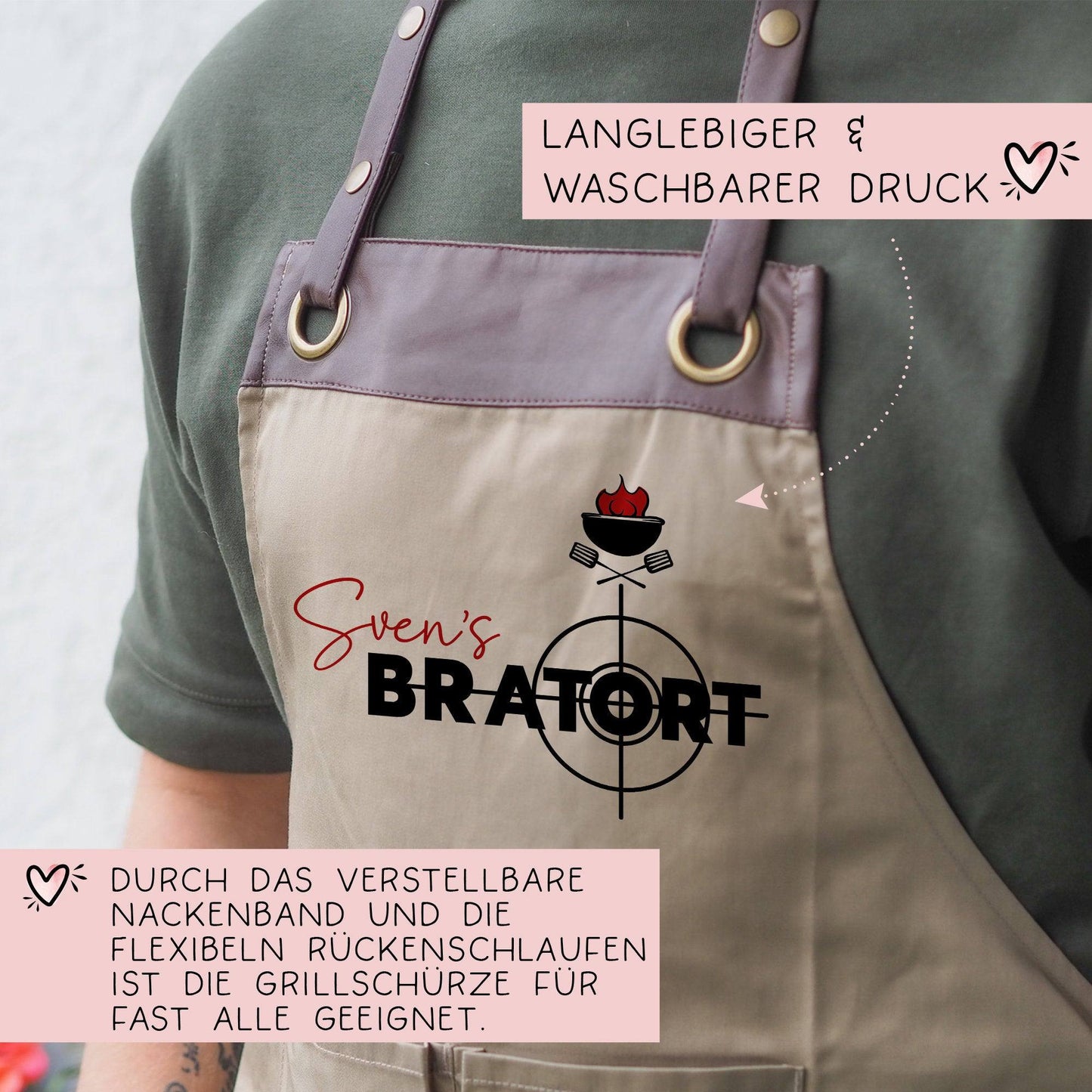 Personalisierte Premium Grillschürze Bratort Schürze mit Kunstleder Applikation | Kochschürze | Grillschürze mit Wunschnamen | Geschenkidee kleinebuchstaben