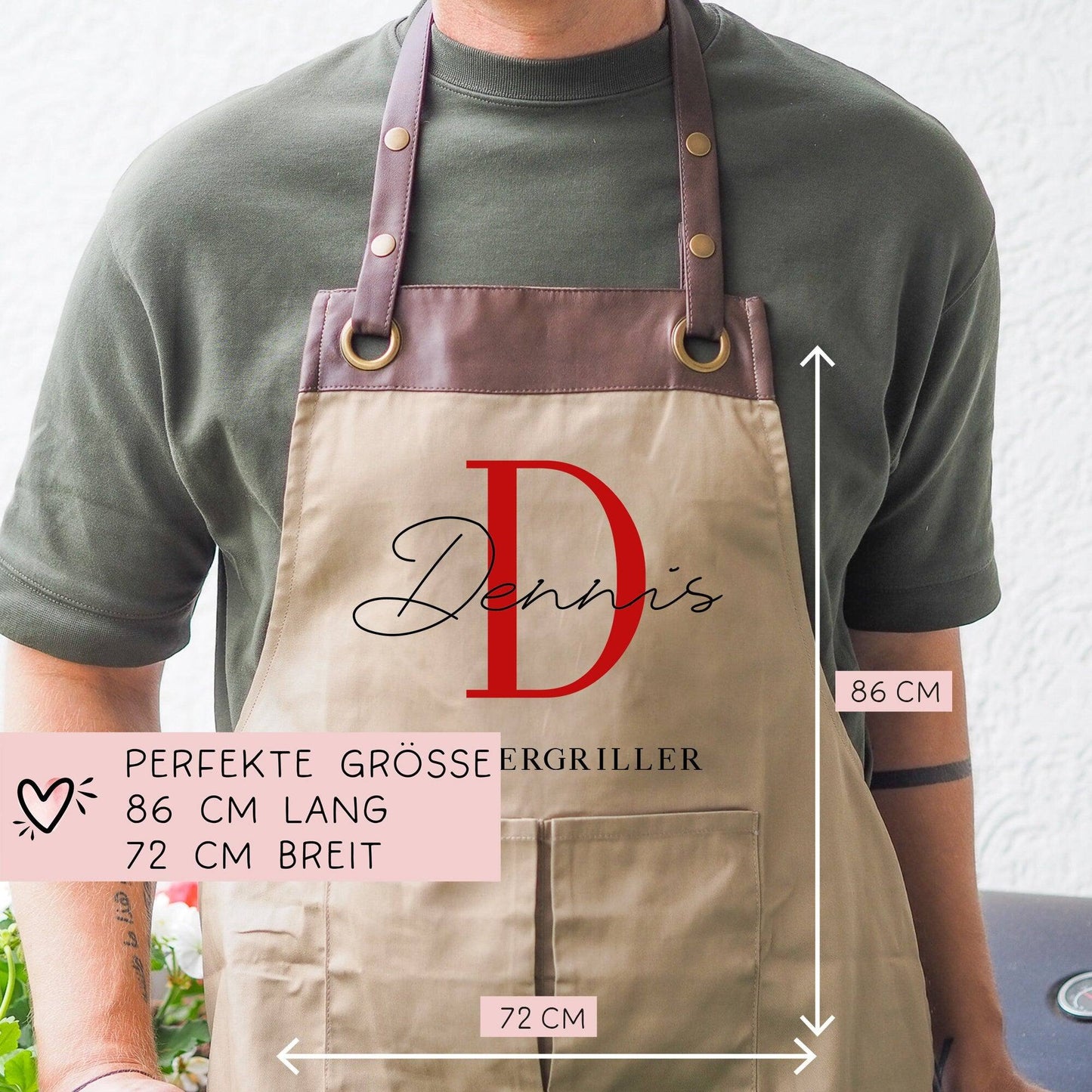 Premium Grillschürze personalisiert für Männer mit Kunstleder Applikation zum 60. Geburtstag -Baumwollschürze, Küchenschürze, Eigenen Namen kleinebuchstaben