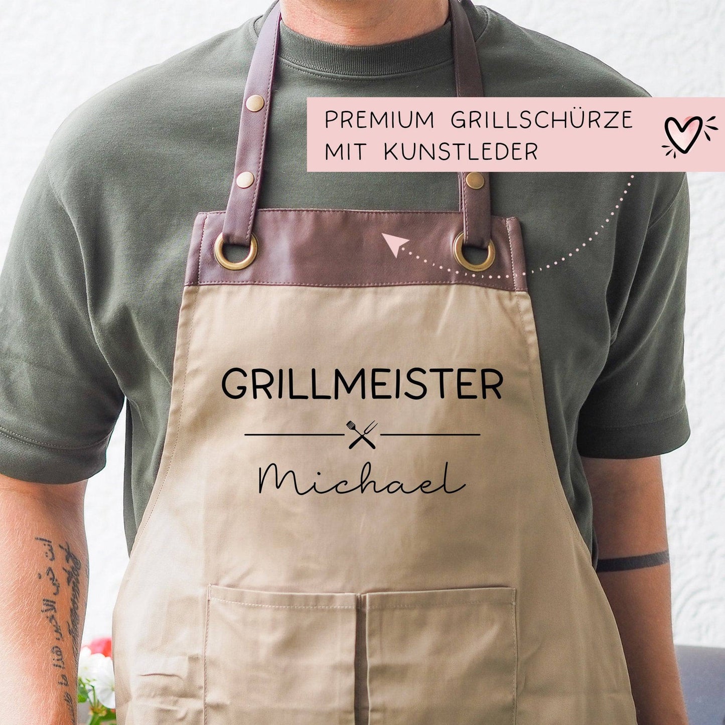 Grillschürze Grillmeister personalisiert für Männer mit Kunstleder Applikation zum 60. Geburtstag -Baumwollschürze, Küchenschürze, Geschenk kleinebuchstaben