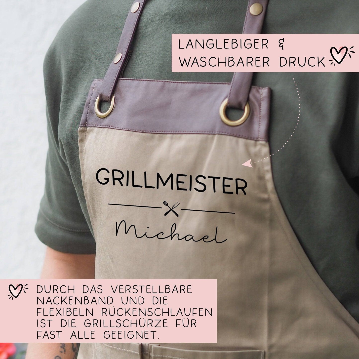 Grillschürze Grillmeister personalisiert für Männer mit Kunstleder Applikation zum 60. Geburtstag -Baumwollschürze, Küchenschürze, Geschenk kleinebuchstaben