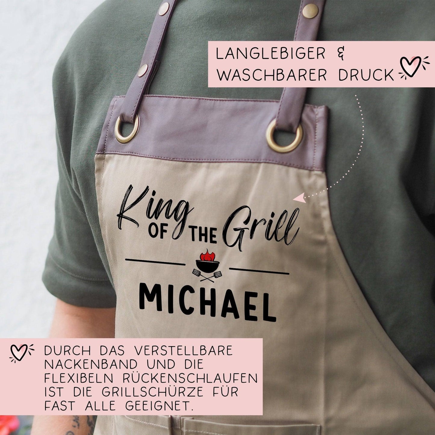 King of the Grill Grillschürze personalisiert für Männer mit Name & Kunstleder zum Geburtstag - Weihnachten Baumwollschürze, Küchenschürze kleinebuchstaben