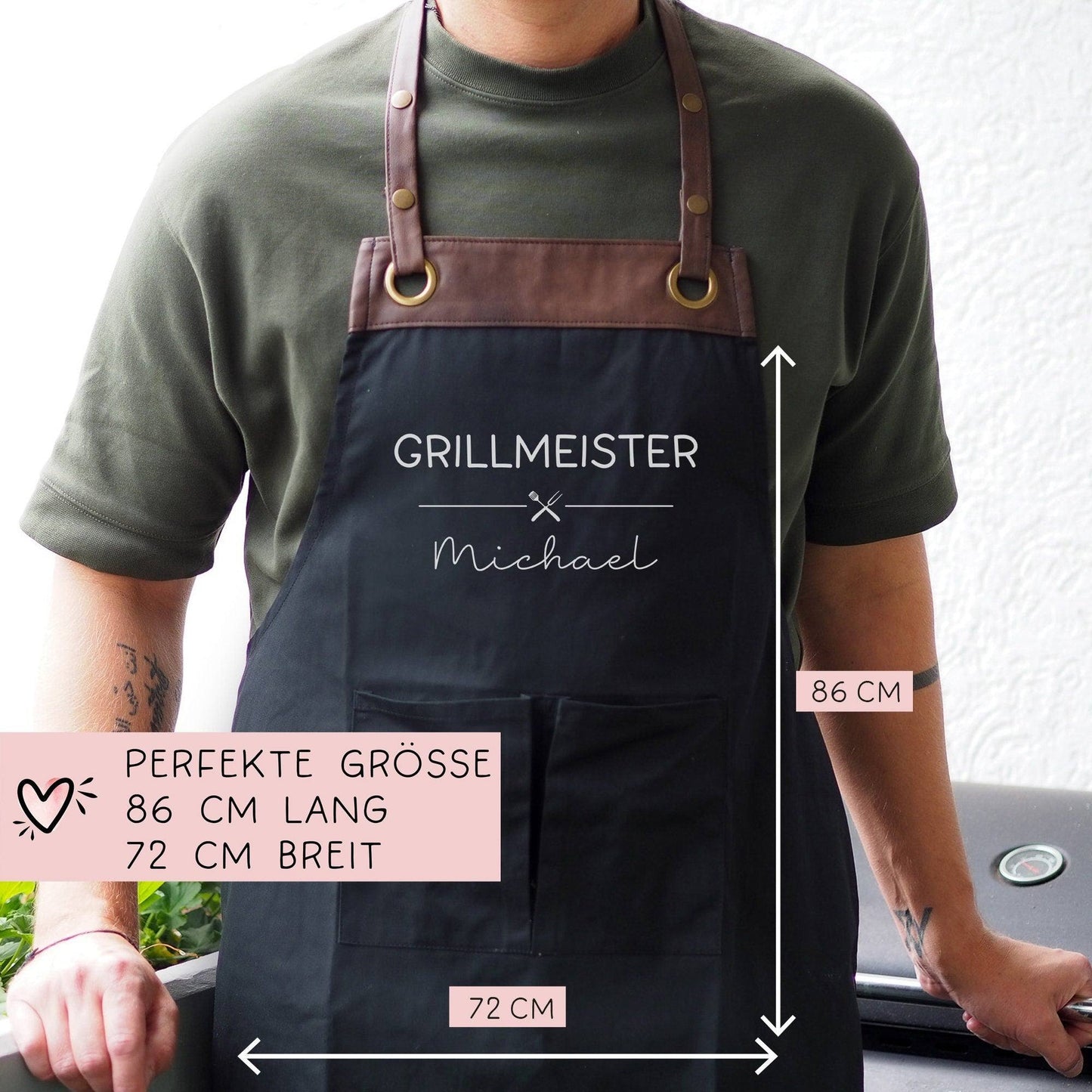 Grillschürze Grillmeister personalisiert für Männer mit Kunstleder Applikation zum 60. Geburtstag -Baumwollschürze, Küchenschürze, Geschenk kleinebuchstaben