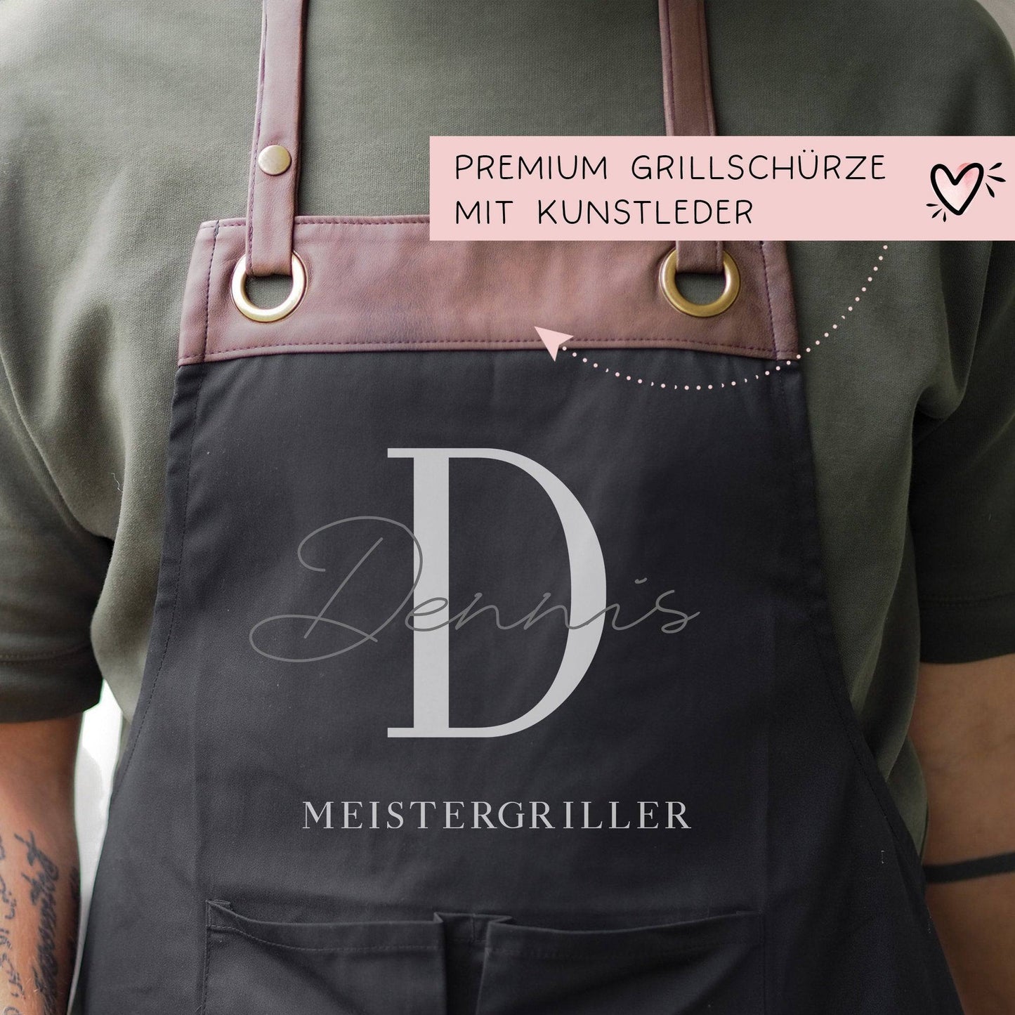 Premium Grillschürze personalisiert für Männer mit Namen Kunstleder Applikation zum Geburtstag, Weihnachten Baumwollschürze, Küchenschürze kleinebuchstaben
