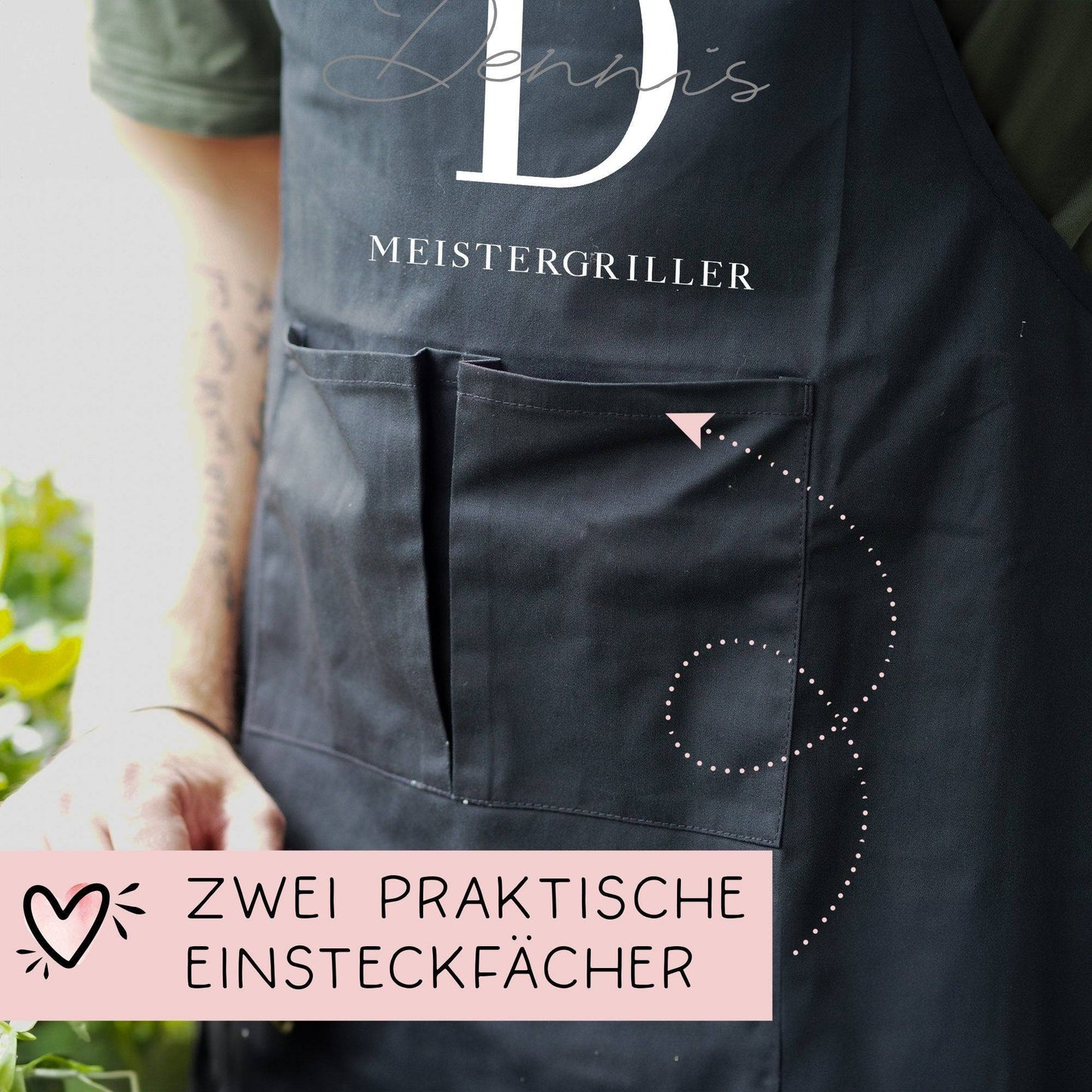 Premium Grillschürze personalisiert für Männer mit Namen Kunstleder Applikation zum Geburtstag, Weihnachten Baumwollschürze, Küchenschürze kleinebuchstaben