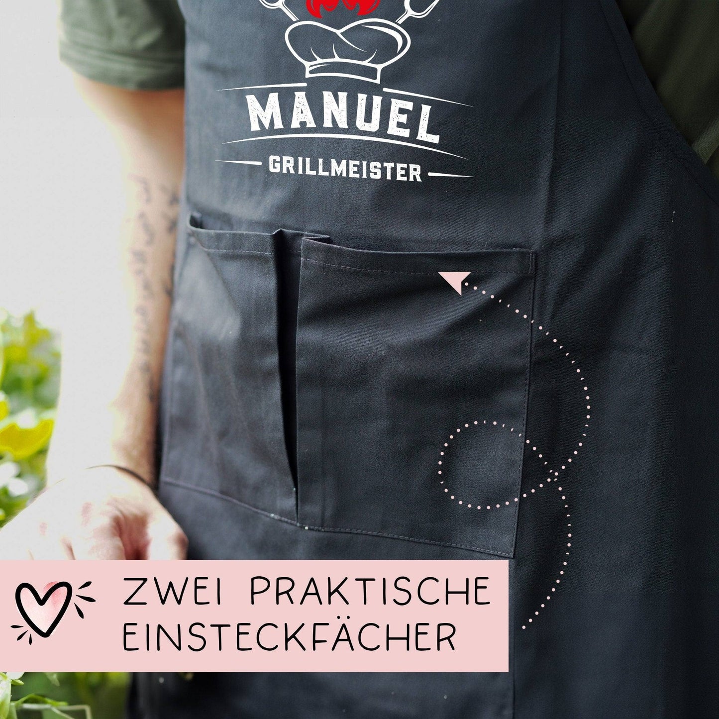 Grillmeister Grillschürze personalisiert für Männer mit Namen Kunstleder Applikation zum Geburtstag, Weihnachten Baumwollschürze, Geschenk kleinebuchstaben