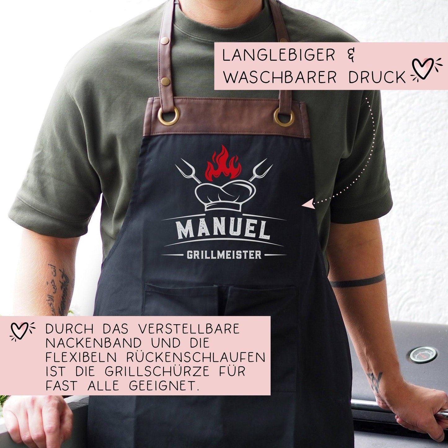 Grillmeister Grillschürze personalisiert für Männer mit Namen Kunstleder Applikation zum Geburtstag, Weihnachten Baumwollschürze, Geschenk kleinebuchstaben