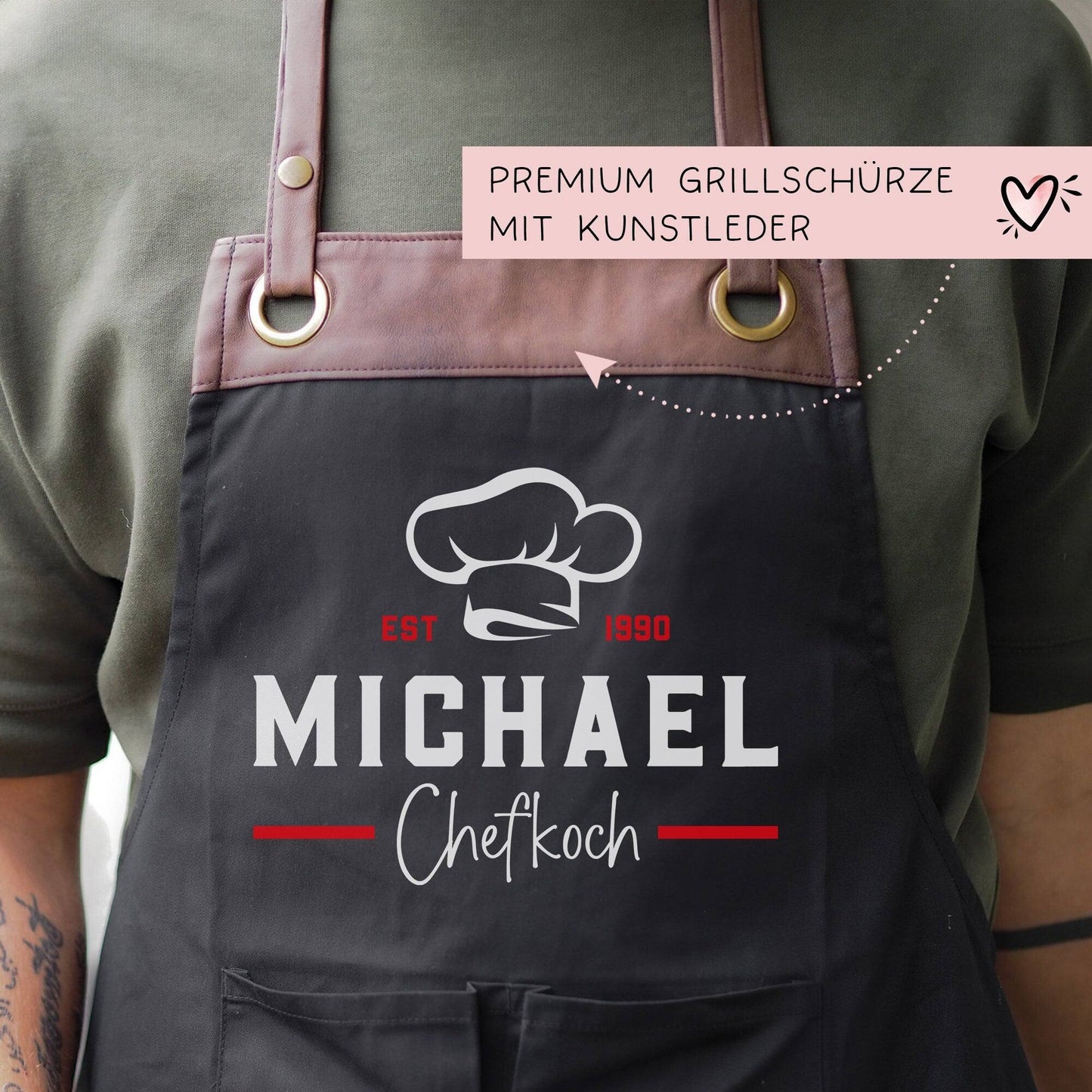 Grillschürze Chefkoch personalisiert für Männer mit Name Kunstleder Applikation zum Geburtstag - Weihnachten Baumwollschürze, Küchenschürze kleinebuchstaben