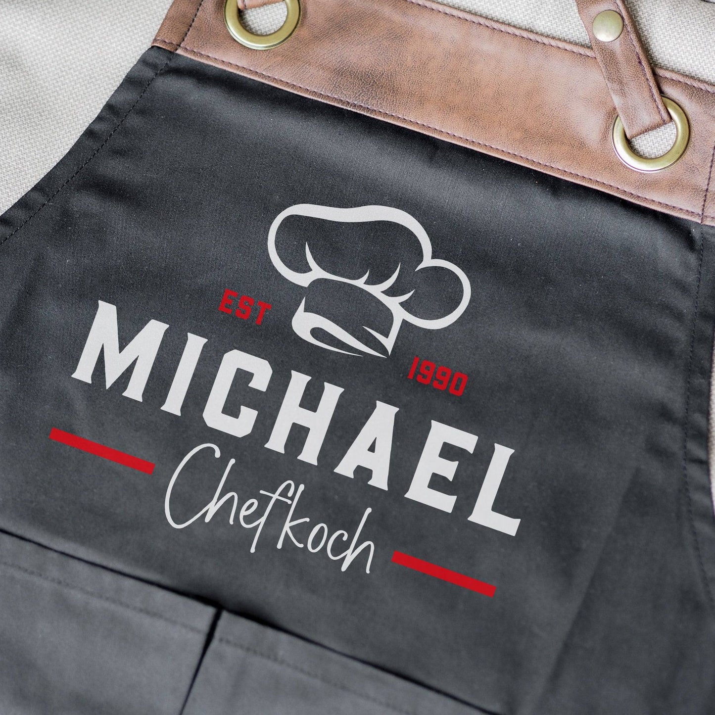 Grillschürze Chefkoch personalisiert für Männer mit Name Kunstleder Applikation zum Geburtstag - Weihnachten Baumwollschürze, Küchenschürze kleinebuchstaben