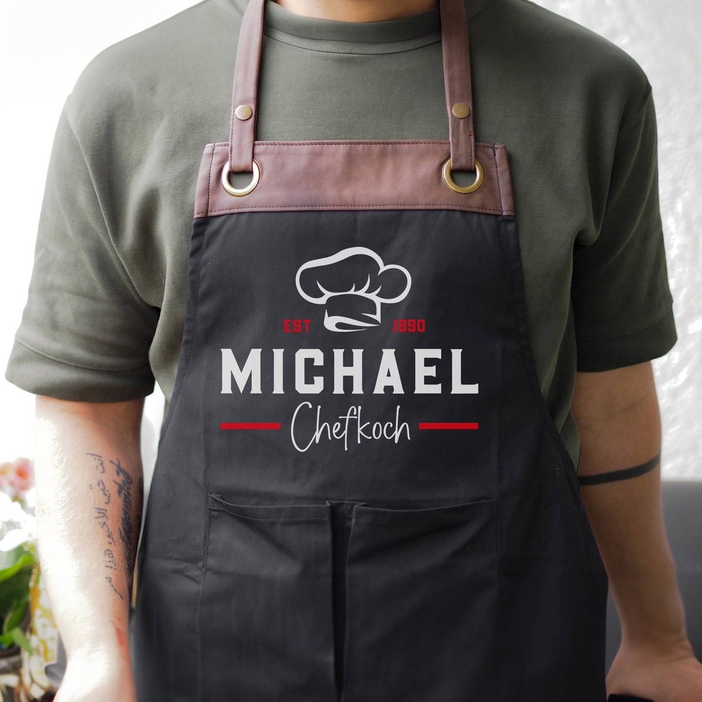 Grillschürze personalisiert für Männer mit Name Kunstleder Applikation zum Geburtstag - Geschenk Weihnachten Baumwollschürze, Küchenschürze kleinebuchstaben Chefkoch