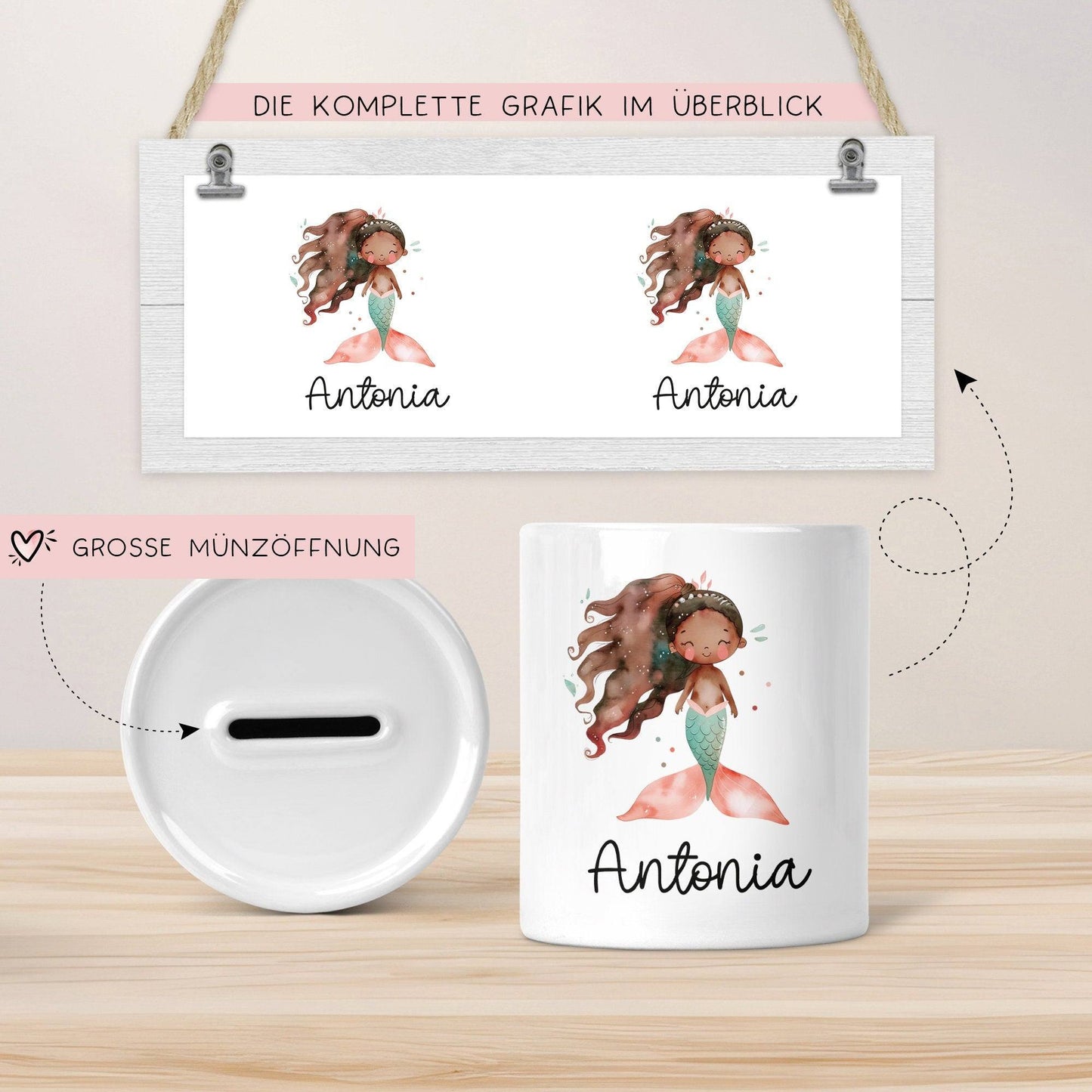 Spardose Meerjungfrau Personalisiert mit Name oder Wunschnamen für Mädchen aus Keramik. Geschenk Taufe, Geburtstag od. Weihnachten - 03 kleinebuchstaben