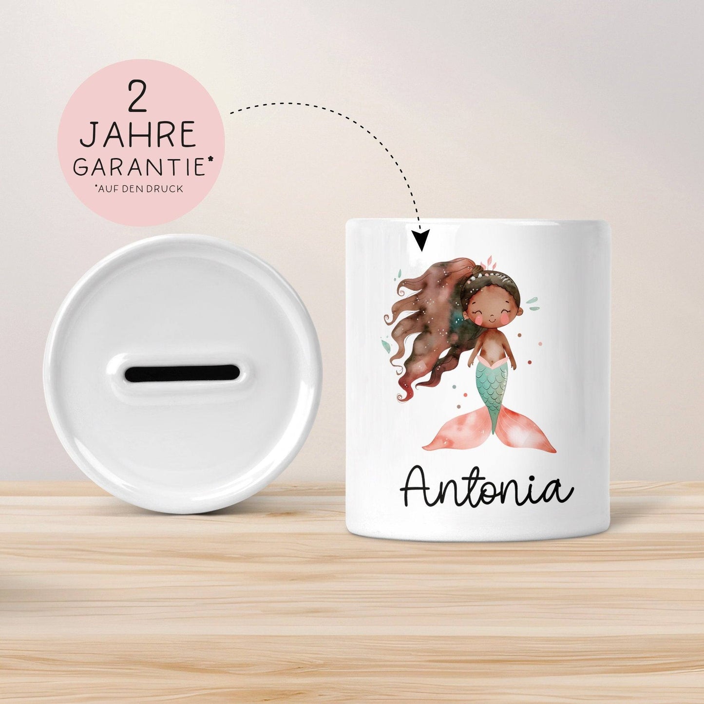 Spardose Meerjungfrau Personalisiert mit Name oder Wunschnamen für Mädchen aus Keramik. Geschenk Taufe, Geburtstag od. Weihnachten - 03 kleinebuchstaben