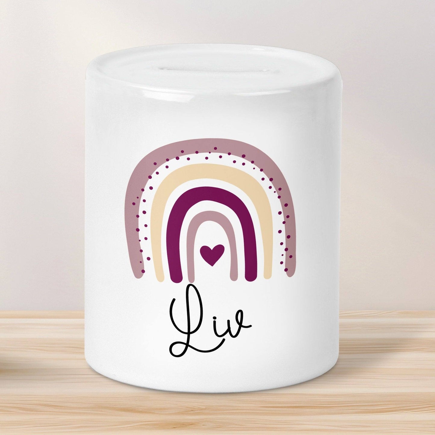 Personalisierte Spardose Regenbogen mit Namen und Datum - Rosa - Geschenk für Mädchen zum Geburtstag Weihnachten Firmung Geburt Einschulung kleinebuchstaben