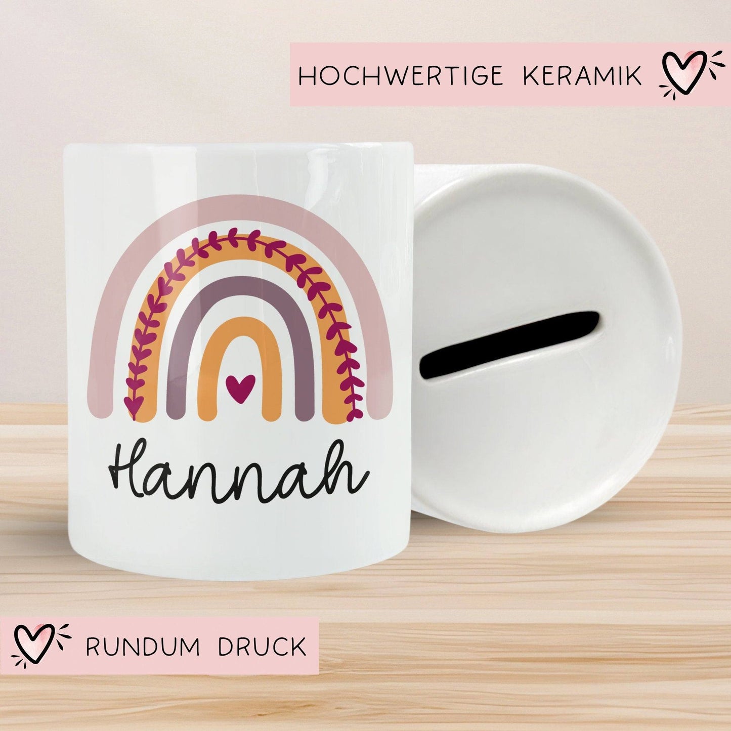 Personalisierte Spardose Regenbogen mit Namen und Datum - Rosa - Geschenk für Mädchen zum Geburtstag Weihnachten Firmung Geburt Einschulung kleinebuchstaben