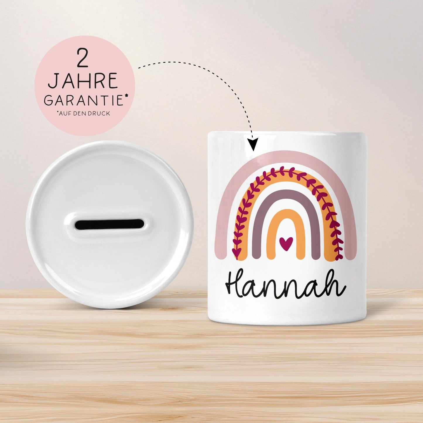Personalisierte Spardose Regenbogen mit Namen und Datum - Rosa - Geschenk für Mädchen zum Geburtstag Weihnachten Firmung Geburt Einschulung kleinebuchstaben