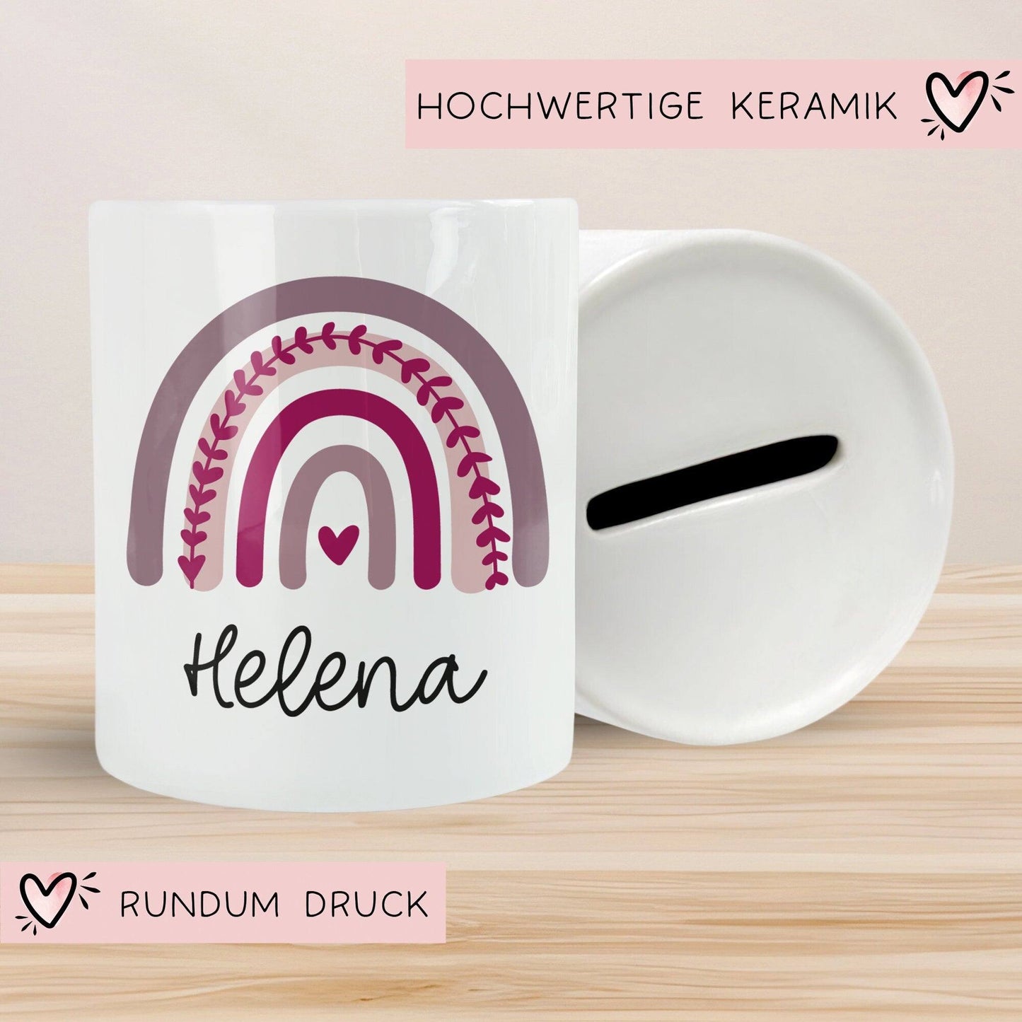 Personalisierte Spardose Regenbogen mit Namen und Datum - Lila - Geschenk für Mädchen zum Geburtstag Weihnachten Firmung Geburt Einschulung kleinebuchstaben