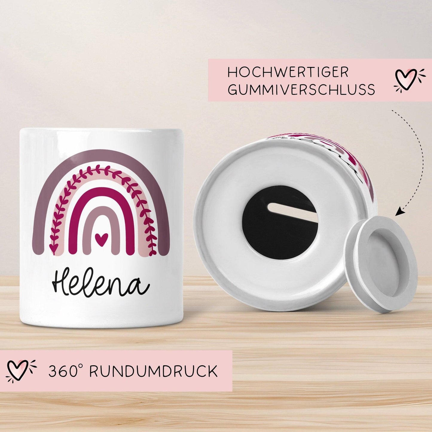Personalisierte Spardose Regenbogen mit Namen und Datum - Lila - Geschenk für Mädchen zum Geburtstag Weihnachten Firmung Geburt Einschulung kleinebuchstaben