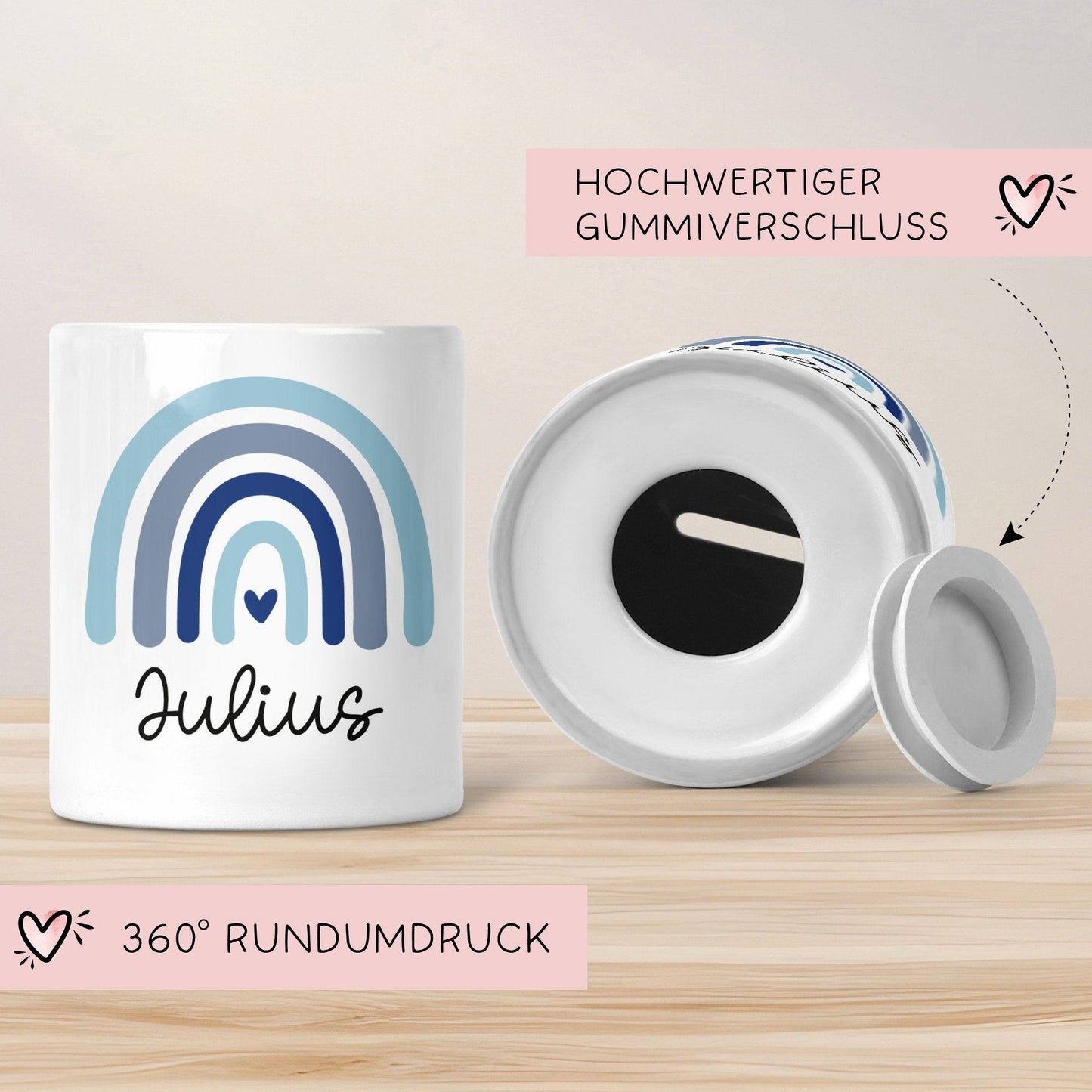 Personalisierte Spardose Regenbogen mit Namen und Datum - Blau - Geschenk für Junge zum Geburtstag Weihnachten Firmung Geburt Einschulung kleinebuchstaben