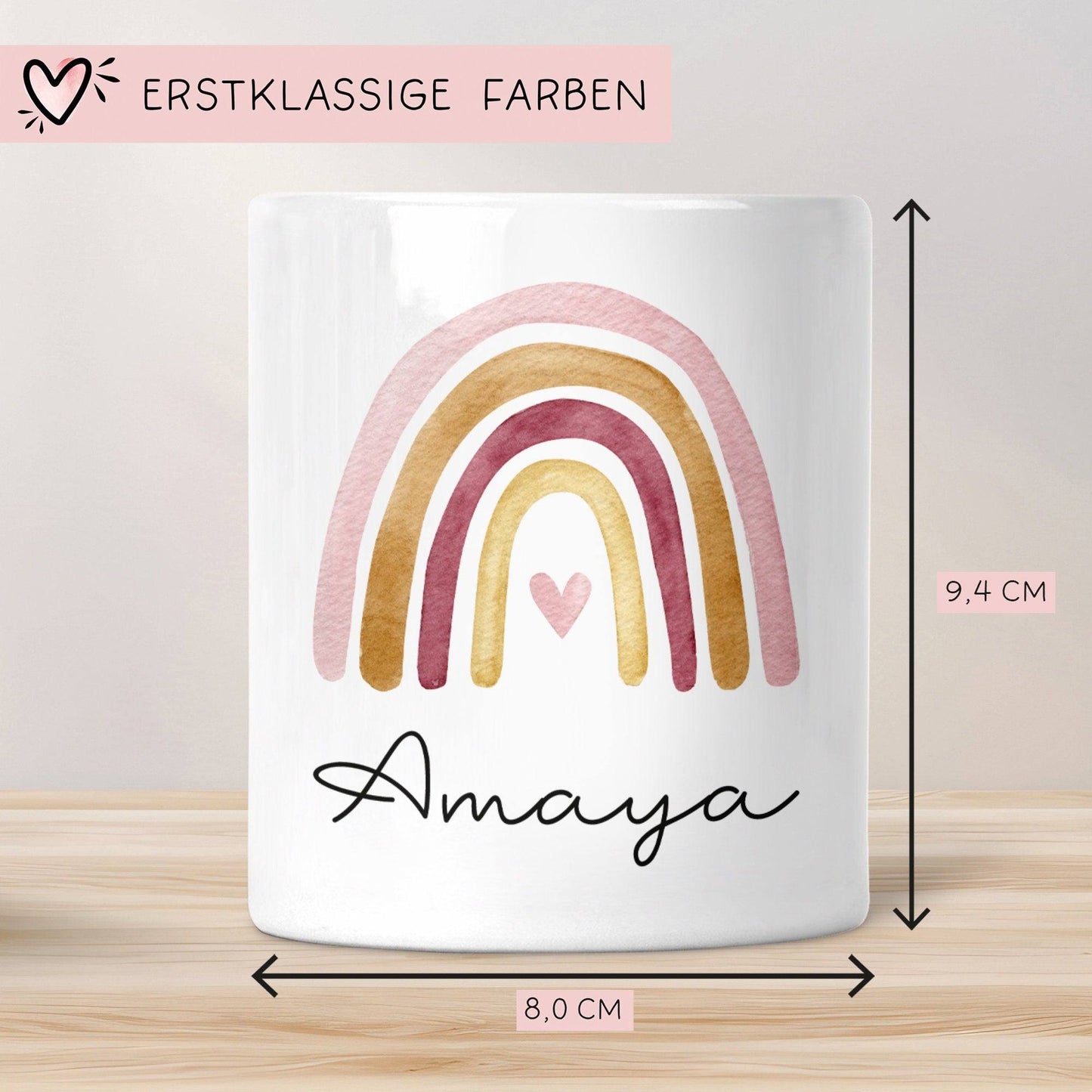 Personalisierte Kinder Spardose Regenbogen Aquarell mit Namen und Datum - Orange - Geschenk für Mädchen zum Geburtstag Weihnachten Firmung kleinebuchstaben