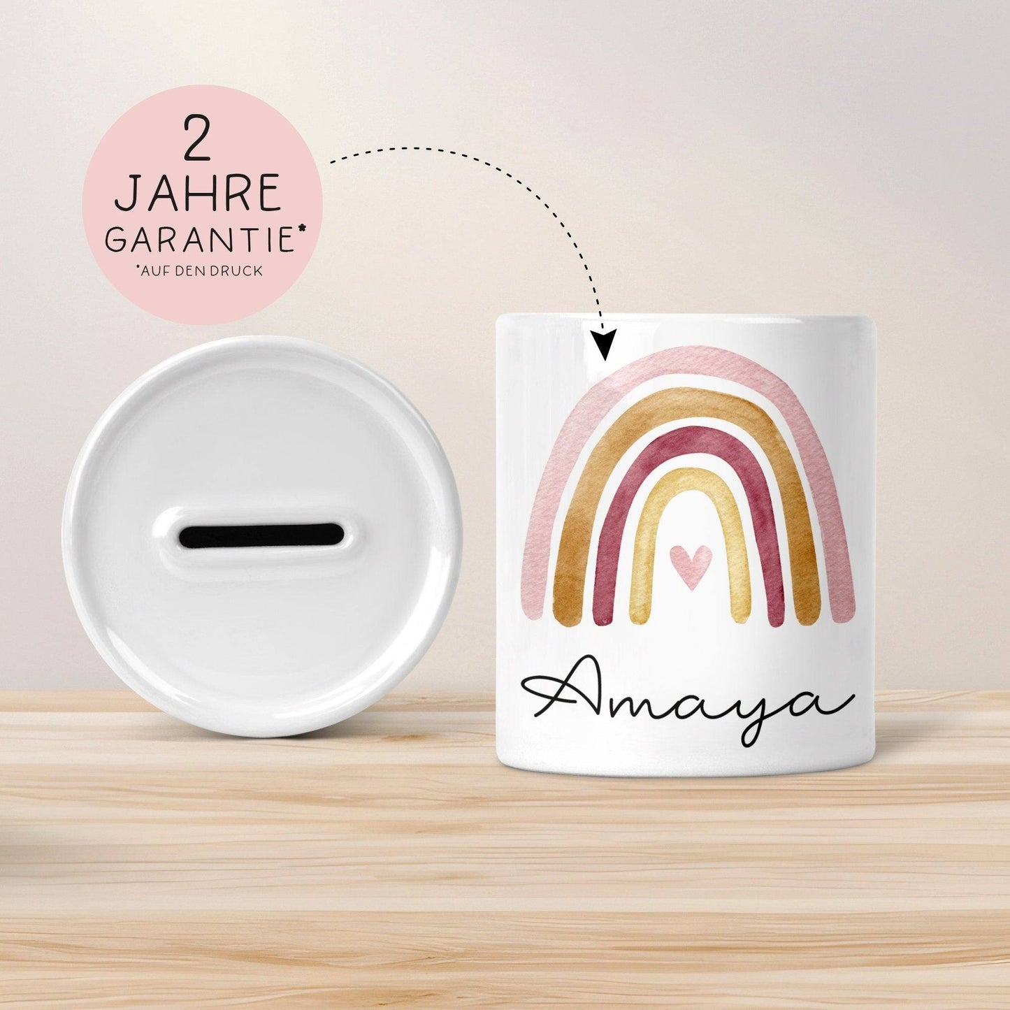 Personalisierte Kinder Spardose Regenbogen Aquarell mit Namen und Datum - Orange - Geschenk für Mädchen zum Geburtstag Weihnachten Firmung kleinebuchstaben