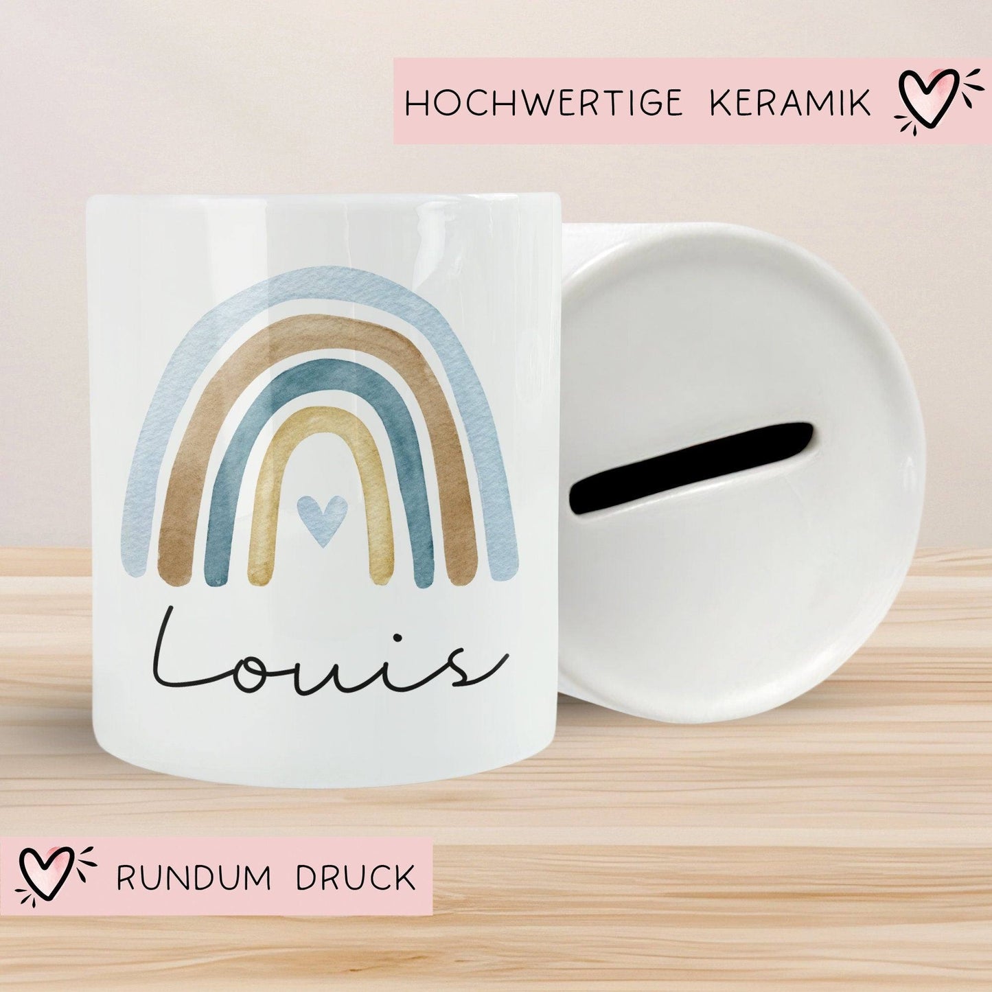 Personalisierte Kinder Spardose Regenbogen Aquarell mit Namen und Datum - Blau - Geschenk für Mädchen zum Geburtstag Weihnachten Firmung kleinebuchstaben