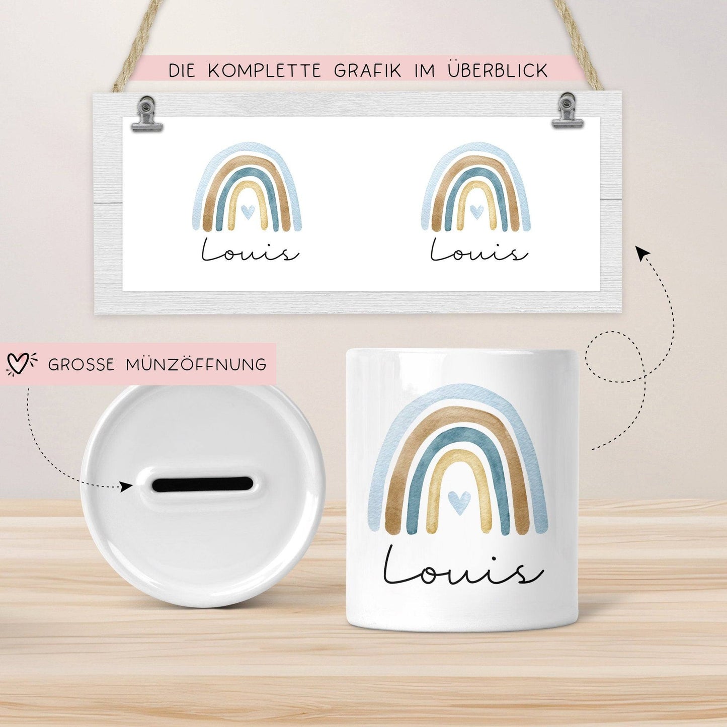 Personalisierte Kinder Spardose Regenbogen Aquarell mit Namen und Datum - Blau - Geschenk für Mädchen zum Geburtstag Weihnachten Firmung kleinebuchstaben