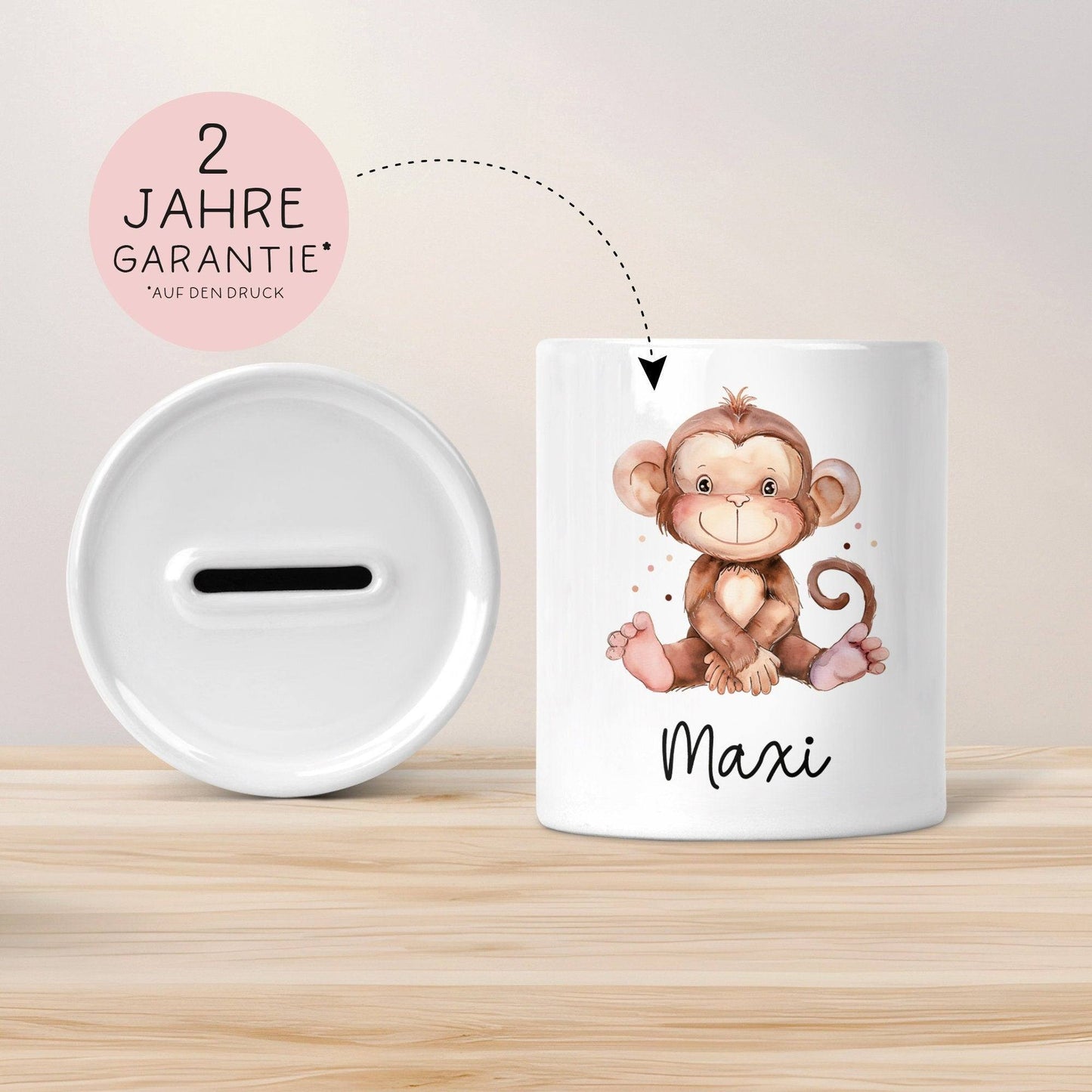 Personalisierte Kinder Spardose Affe Tier mit Namen optional Datum - Braun - Geschenk für Junge & Mädchen zum Geburtstag Weihnachten Firmung kleinebuchstaben